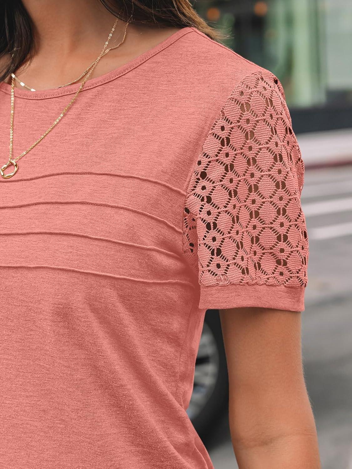 imageAUTOMET Womens Short Sleeve Shirts Dressy Lace Summer Tops 2025 Spring Trendy Casual TShirts Cute Work Outfits BlousesCoral