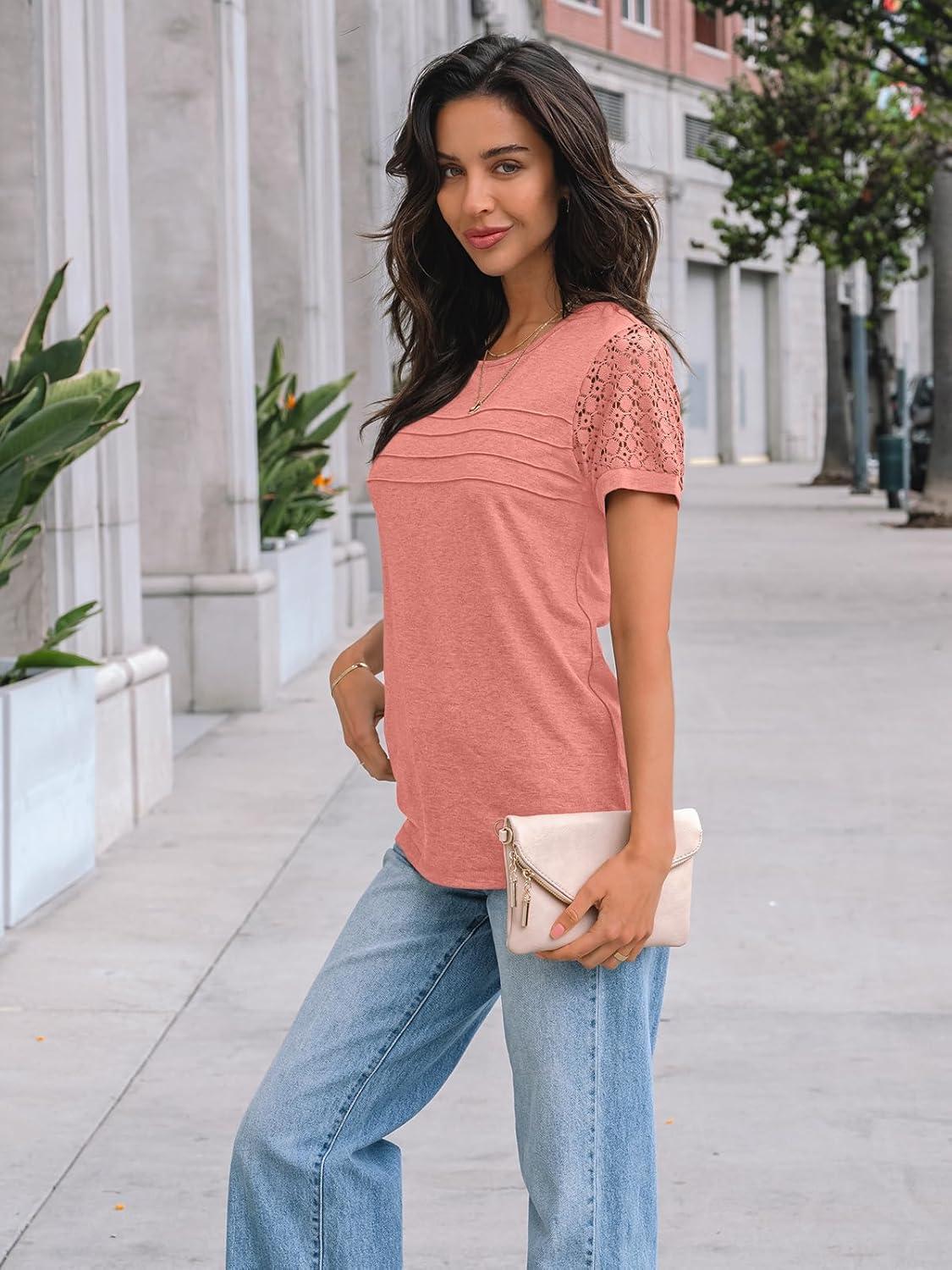 imageAUTOMET Womens Short Sleeve Shirts Dressy Lace Summer Tops 2025 Spring Trendy Casual TShirts Cute Work Outfits BlousesCoral