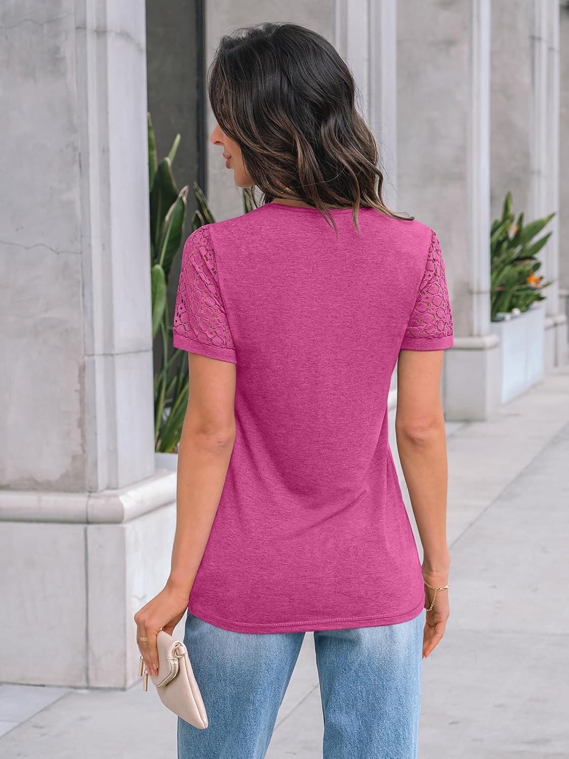 imageAUTOMET Womens Short Sleeve Shirts Dressy Lace Summer Tops 2025 Spring Trendy Casual TShirts Cute Work Outfits BlousesFuscia