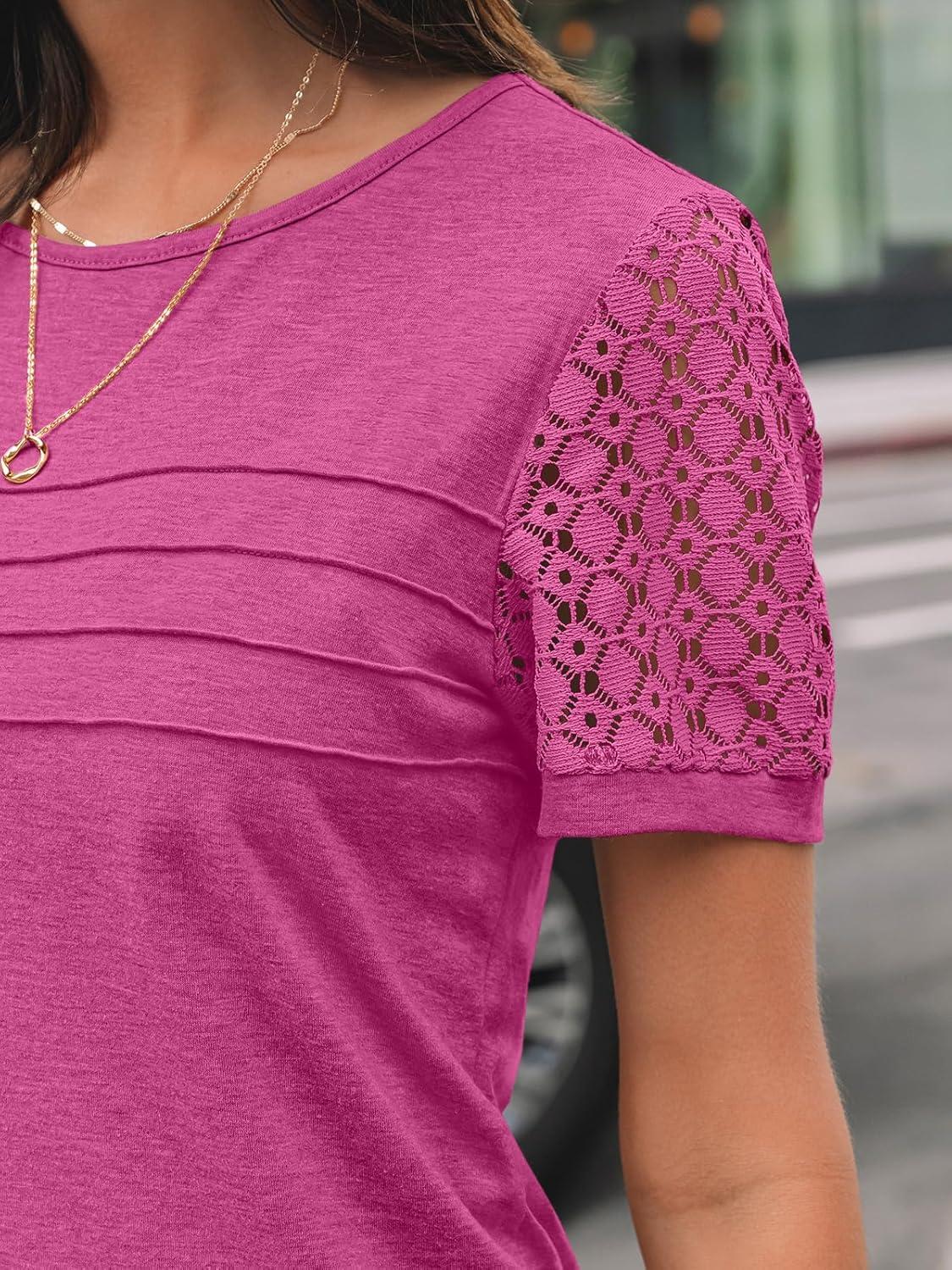 imageAUTOMET Womens Short Sleeve Shirts Dressy Lace Summer Tops 2025 Spring Trendy Casual TShirts Cute Work Outfits BlousesFuscia
