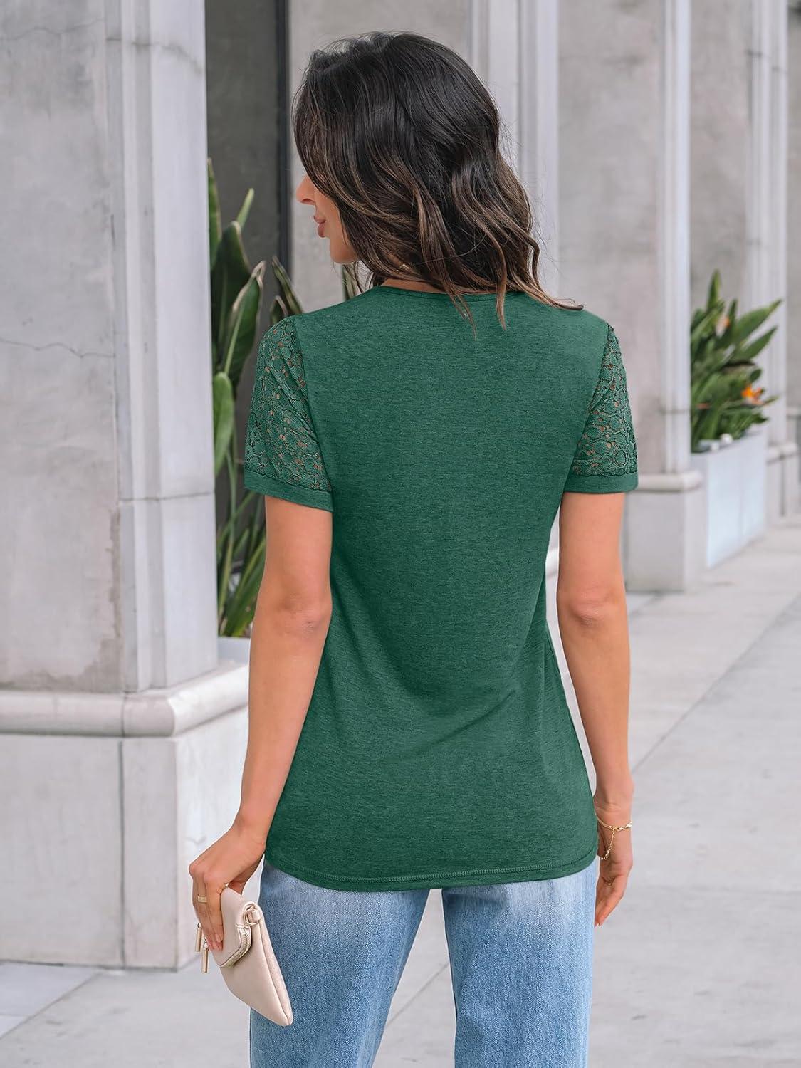 imageAUTOMET Womens Short Sleeve Shirts Dressy Lace Summer Tops 2025 Spring Trendy Casual TShirts Cute Work Outfits BlousesGreen