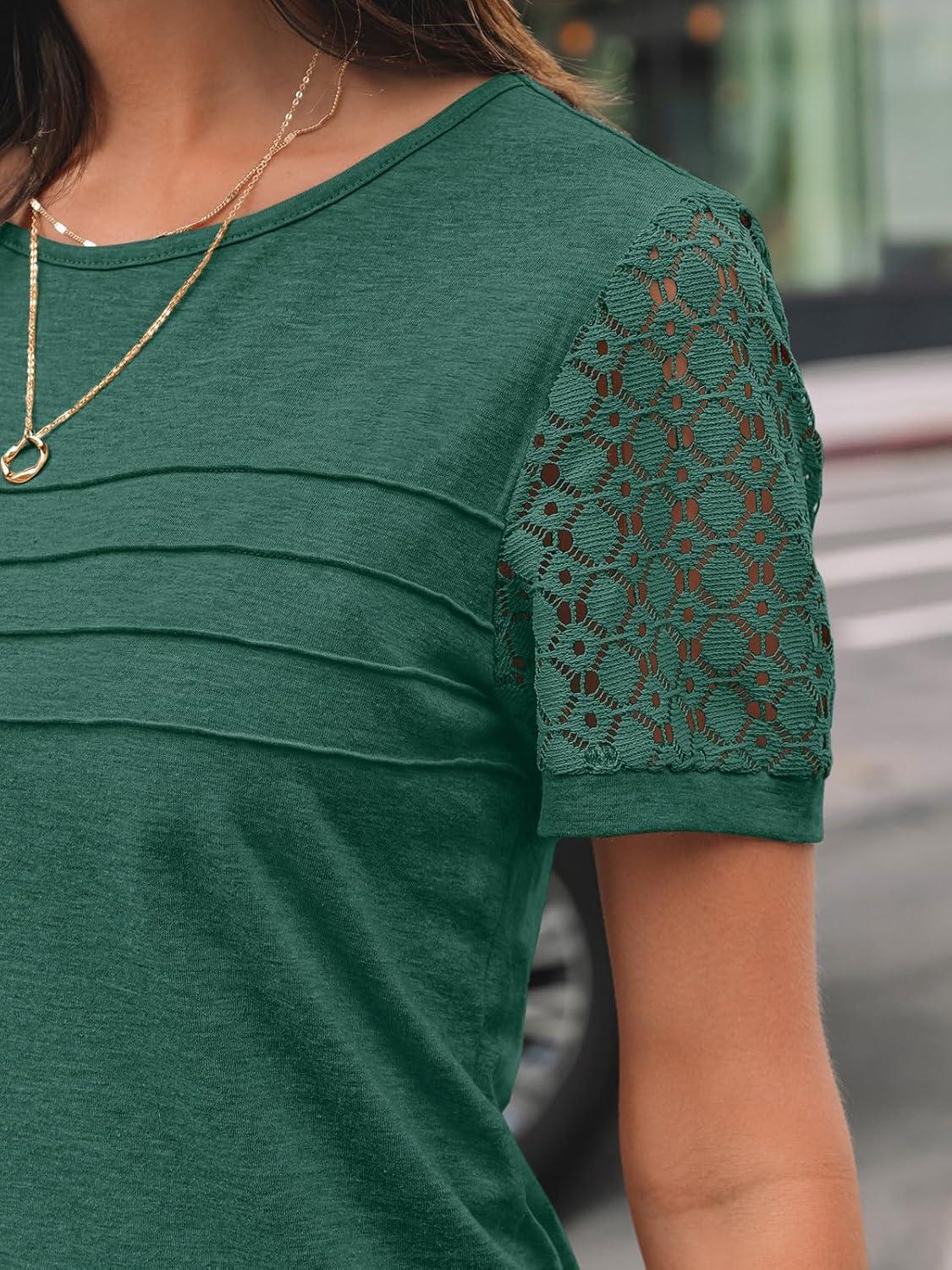 imageAUTOMET Womens Short Sleeve Shirts Dressy Lace Summer Tops 2025 Spring Trendy Casual TShirts Cute Work Outfits BlousesGreen