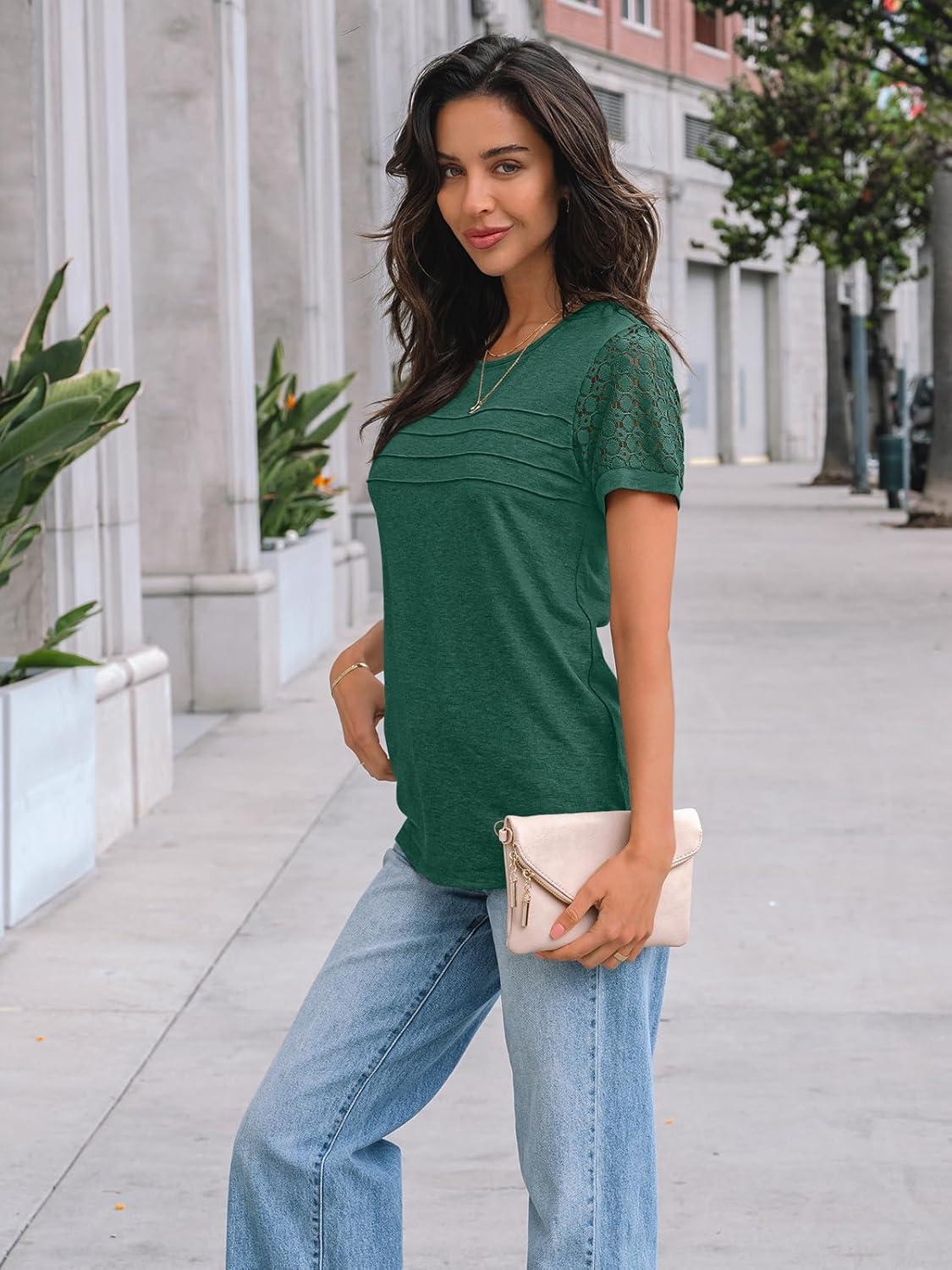 imageAUTOMET Womens Short Sleeve Shirts Dressy Lace Summer Tops 2025 Spring Trendy Casual TShirts Cute Work Outfits BlousesGreen