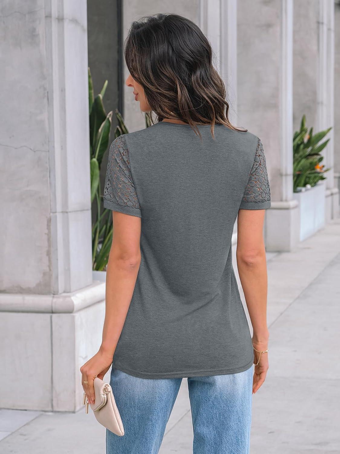 imageAUTOMET Womens Short Sleeve Shirts Dressy Lace Summer Tops 2025 Spring Trendy Casual TShirts Cute Work Outfits BlousesGrey