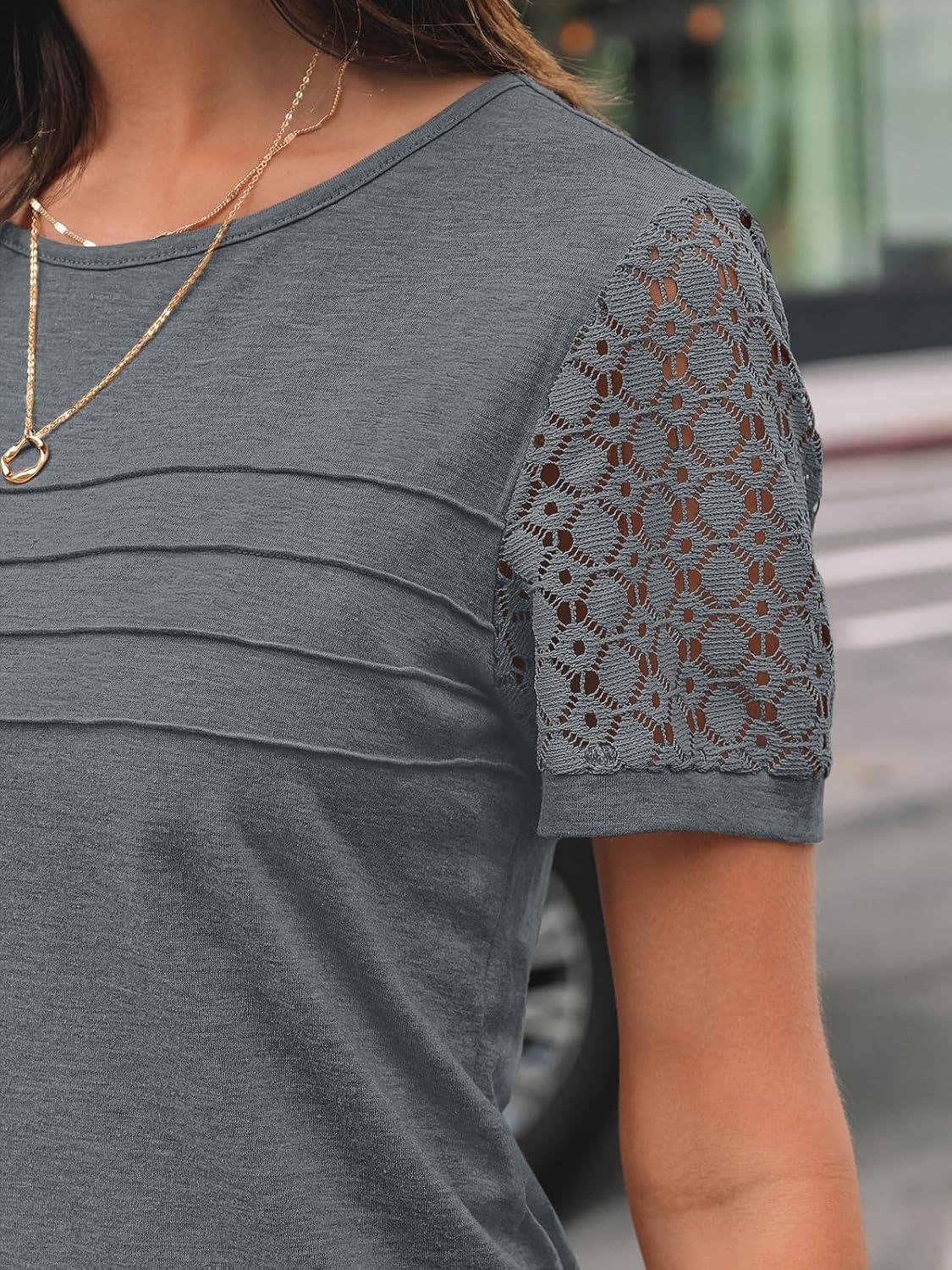 imageAUTOMET Womens Short Sleeve Shirts Dressy Lace Summer Tops 2025 Spring Trendy Casual TShirts Cute Work Outfits BlousesGrey