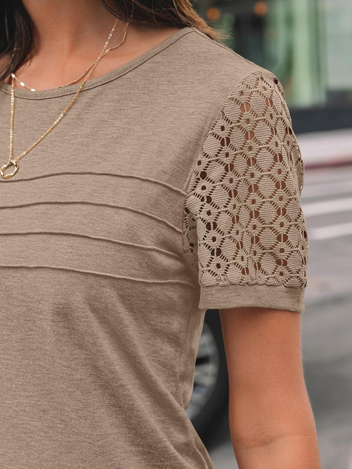 imageAUTOMET Womens Short Sleeve Shirts Dressy Lace Summer Tops 2025 Spring Trendy Casual TShirts Cute Work Outfits BlousesKhaki