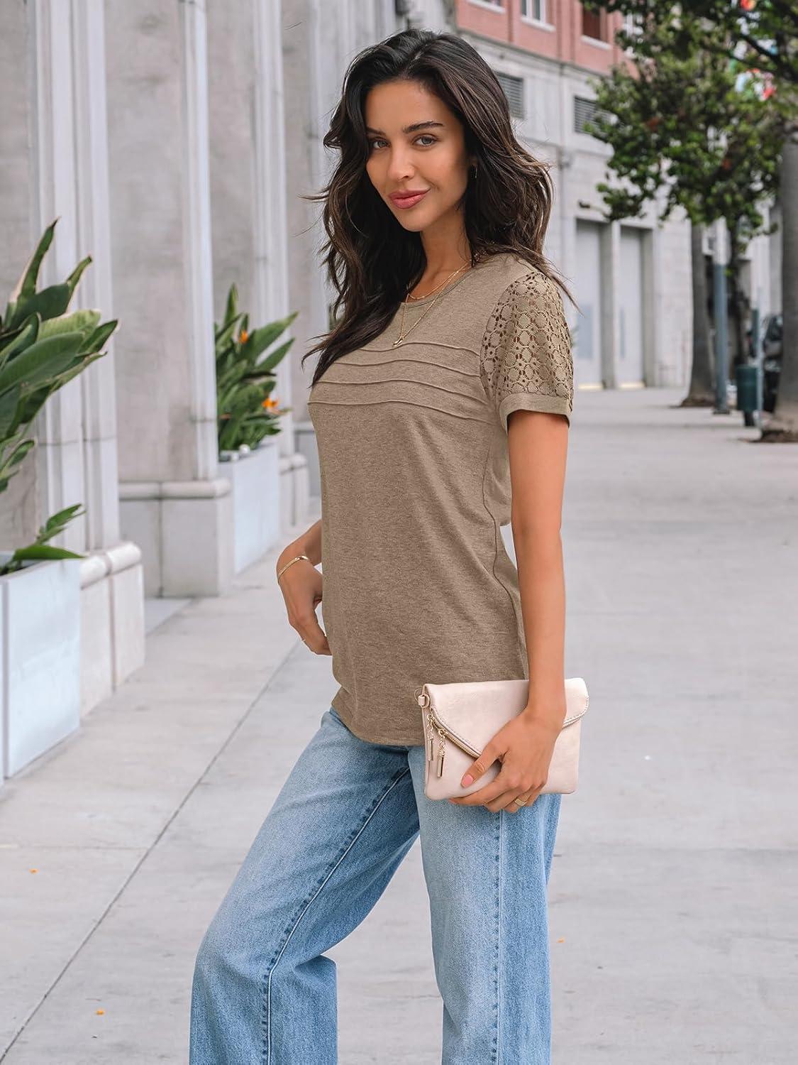 imageAUTOMET Womens Short Sleeve Shirts Dressy Lace Summer Tops 2025 Spring Trendy Casual TShirts Cute Work Outfits BlousesKhaki