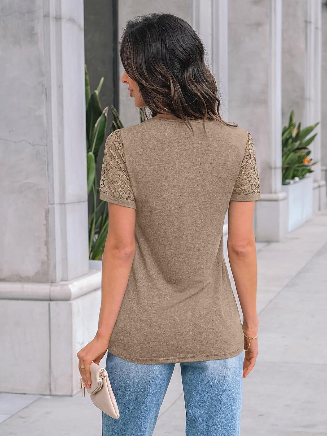 imageAUTOMET Womens Short Sleeve Shirts Dressy Lace Summer Tops 2025 Spring Trendy Casual TShirts Cute Work Outfits BlousesKhaki