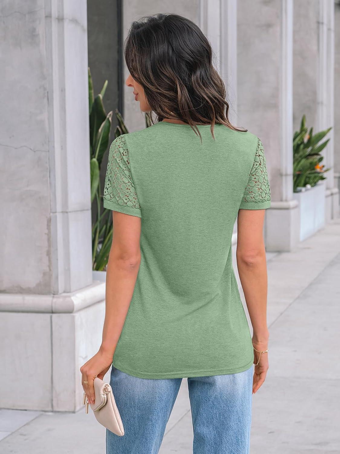 imageAUTOMET Womens Short Sleeve Shirts Dressy Lace Summer Tops 2025 Spring Trendy Casual TShirts Cute Work Outfits BlousesLight Green