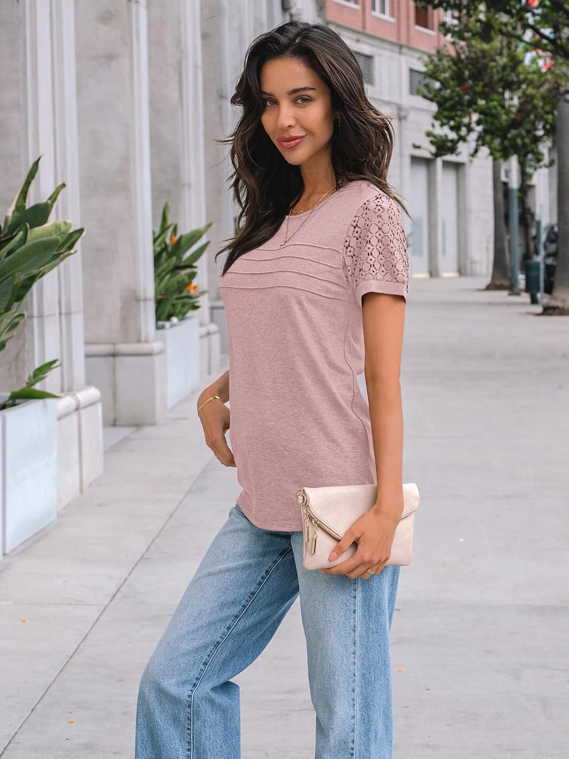 imageAUTOMET Womens Short Sleeve Shirts Dressy Lace Summer Tops 2025 Spring Trendy Casual TShirts Cute Work Outfits BlousesPink