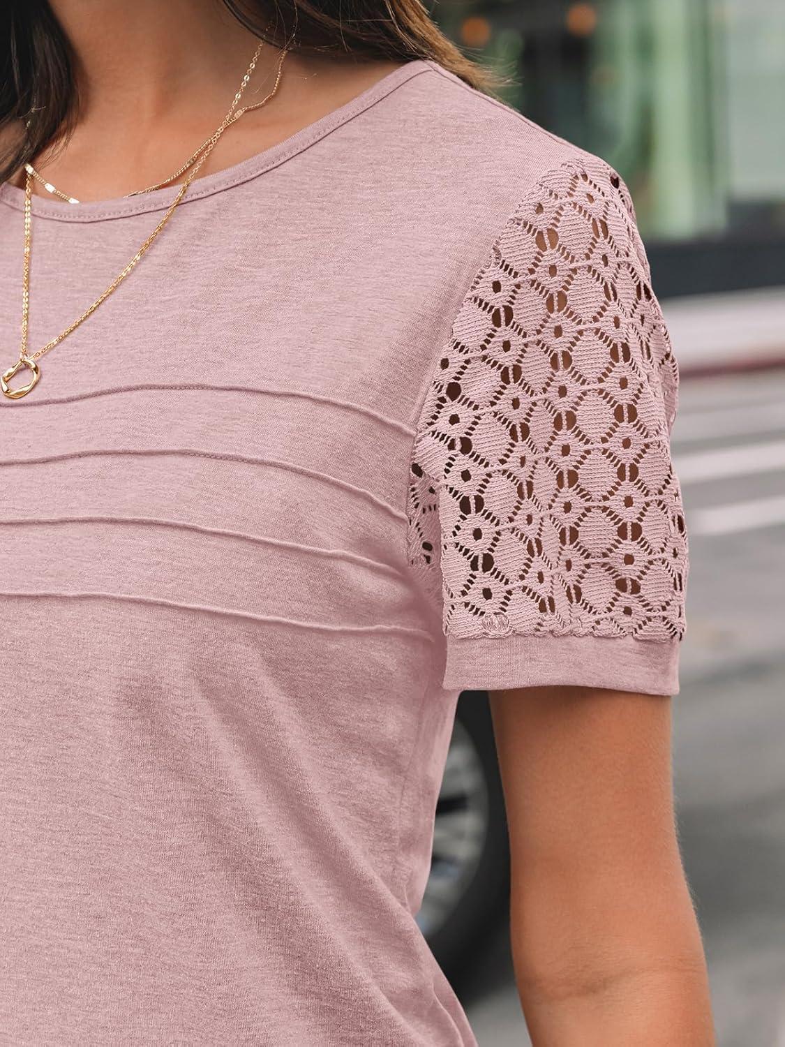 imageAUTOMET Womens Short Sleeve Shirts Dressy Lace Summer Tops 2025 Spring Trendy Casual TShirts Cute Work Outfits BlousesPink