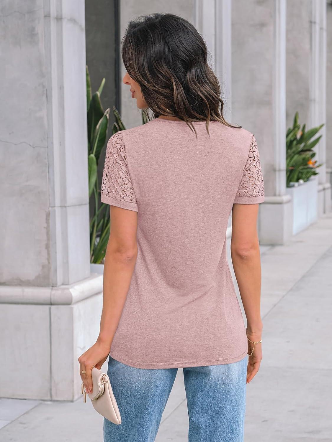 imageAUTOMET Womens Short Sleeve Shirts Dressy Lace Summer Tops 2025 Spring Trendy Casual TShirts Cute Work Outfits BlousesPink
