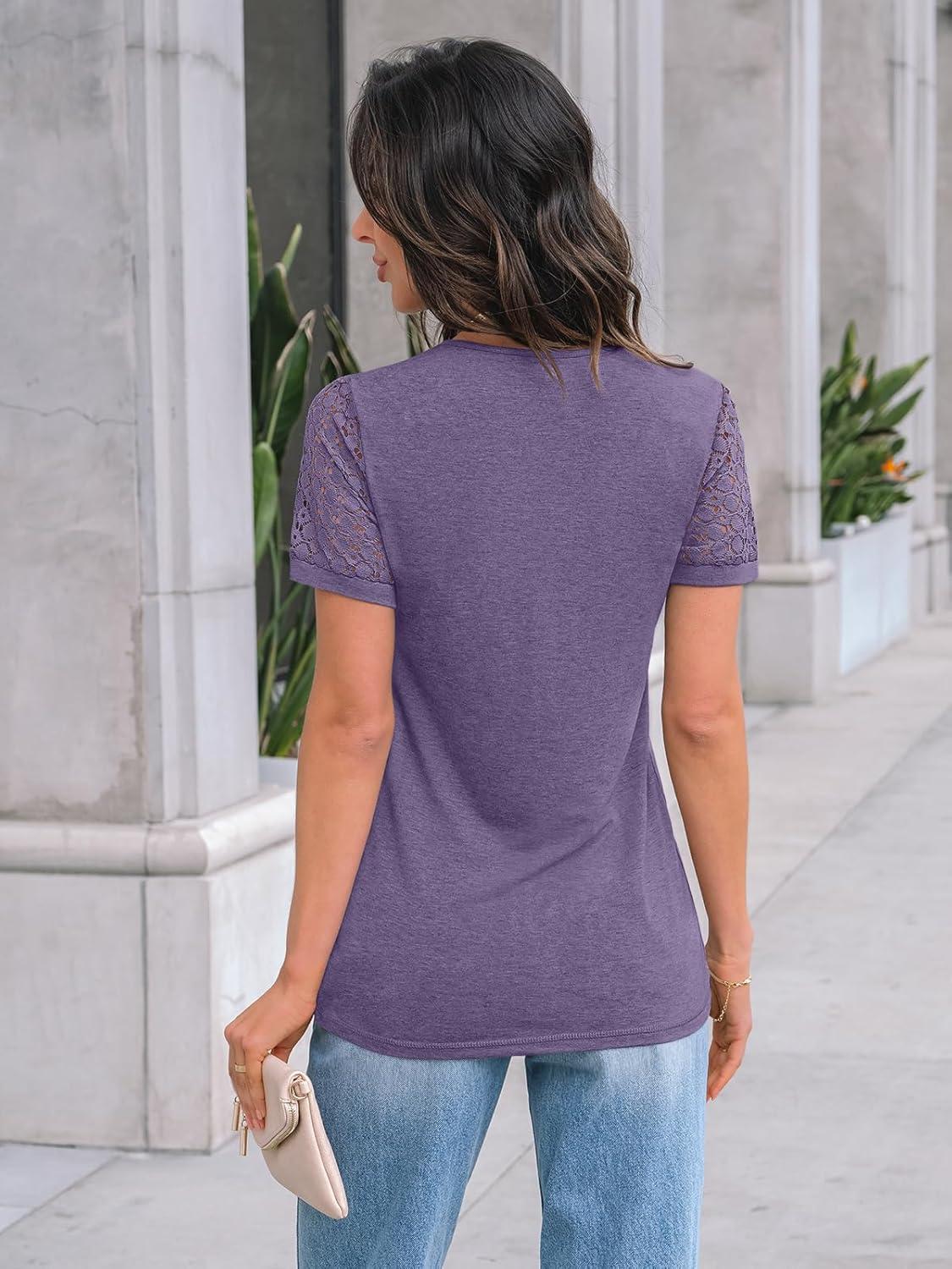 imageAUTOMET Womens Short Sleeve Shirts Dressy Lace Summer Tops 2025 Spring Trendy Casual TShirts Cute Work Outfits BlousesPurple