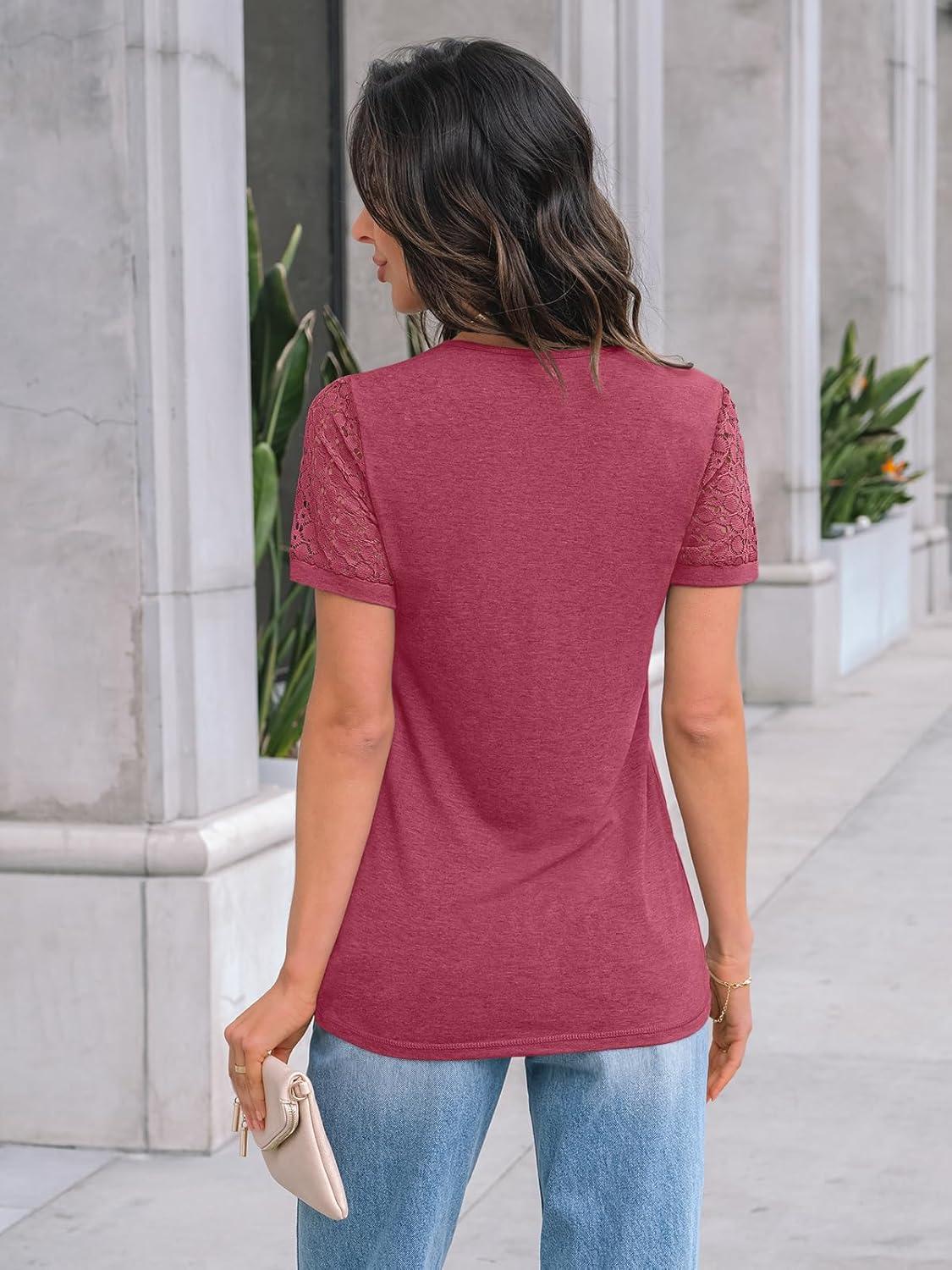 imageAUTOMET Womens Short Sleeve Shirts Dressy Lace Summer Tops 2025 Spring Trendy Casual TShirts Cute Work Outfits BlousesRose