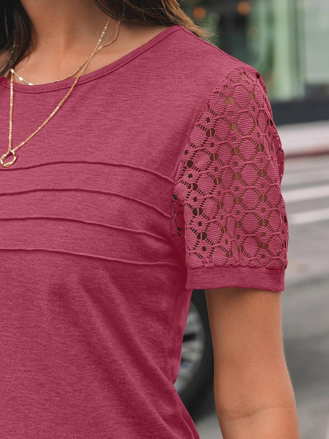 imageAUTOMET Womens Short Sleeve Shirts Dressy Lace Summer Tops 2025 Spring Trendy Casual TShirts Cute Work Outfits BlousesRose