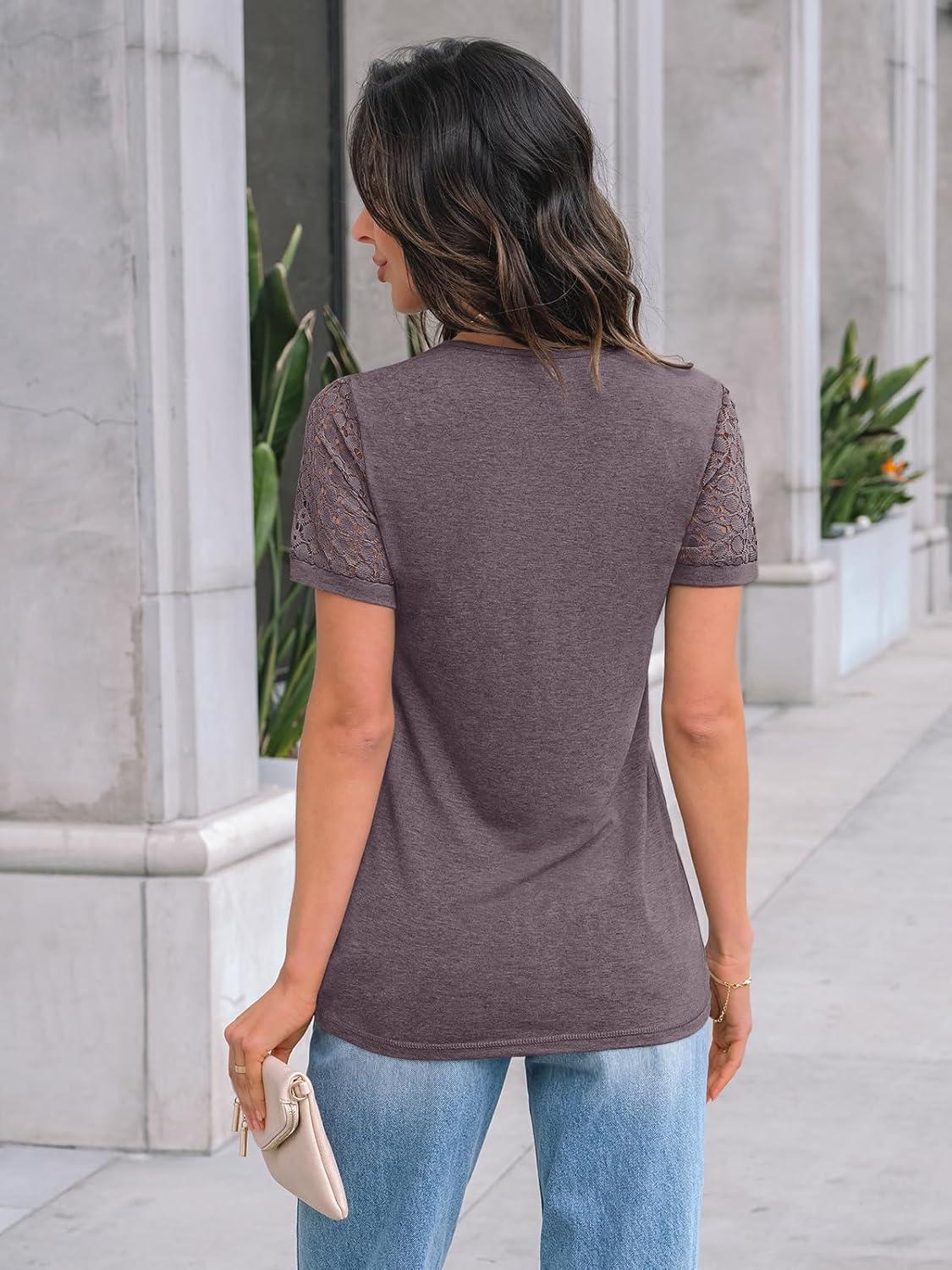 imageAUTOMET Womens Short Sleeve Shirts Dressy Lace Summer Tops 2025 Spring Trendy Casual TShirts Cute Work Outfits BlousesRose Taupe