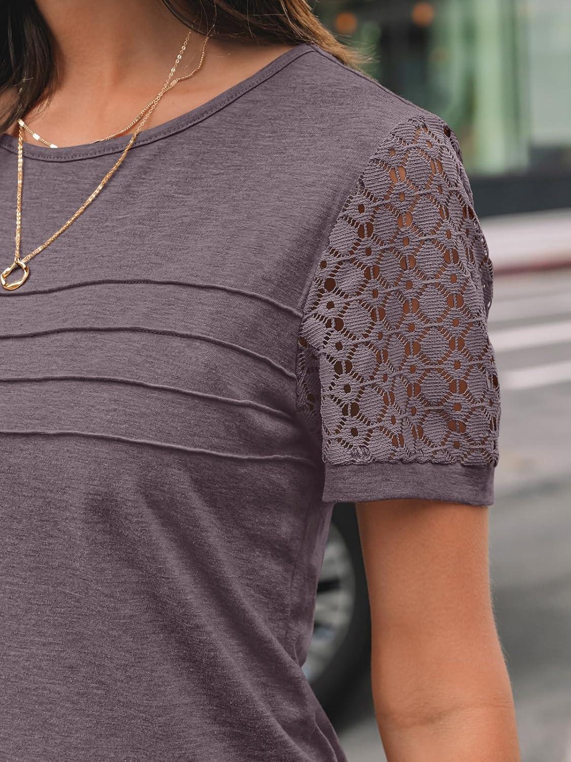 imageAUTOMET Womens Short Sleeve Shirts Dressy Lace Summer Tops 2025 Spring Trendy Casual TShirts Cute Work Outfits BlousesRose Taupe