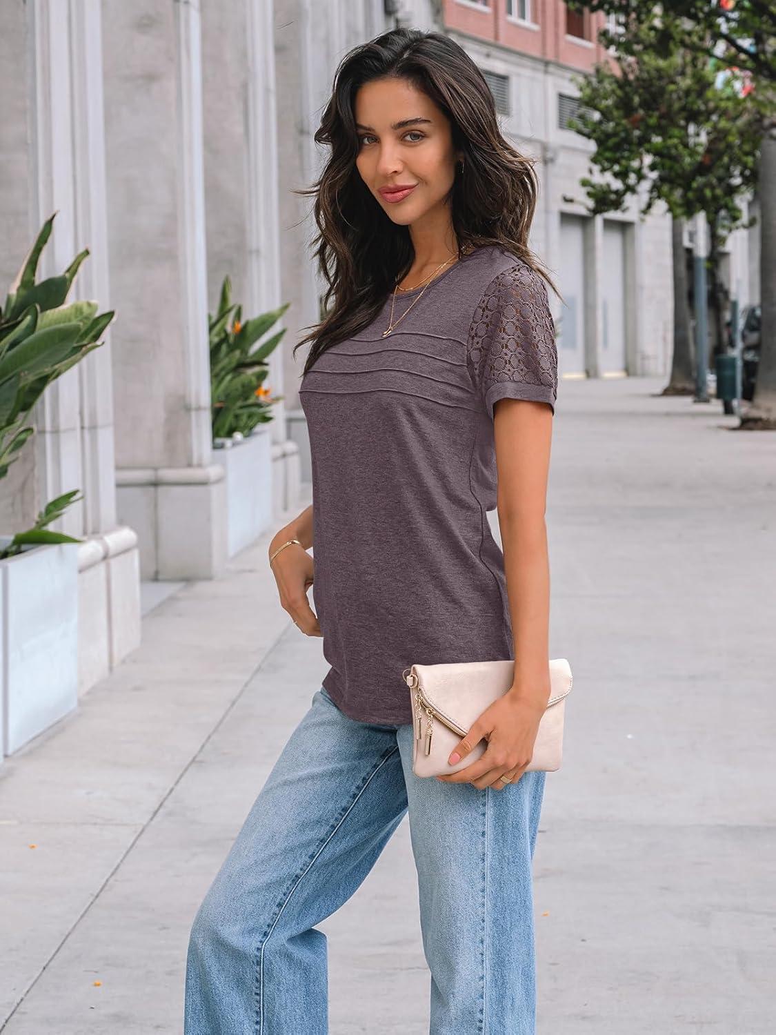 imageAUTOMET Womens Short Sleeve Shirts Dressy Lace Summer Tops 2025 Spring Trendy Casual TShirts Cute Work Outfits BlousesRose Taupe