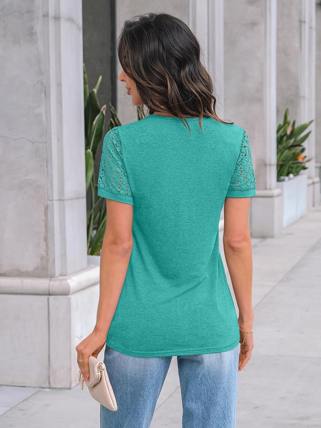 imageAUTOMET Womens Short Sleeve Shirts Dressy Lace Summer Tops 2025 Spring Trendy Casual TShirts Cute Work Outfits BlousesTeal