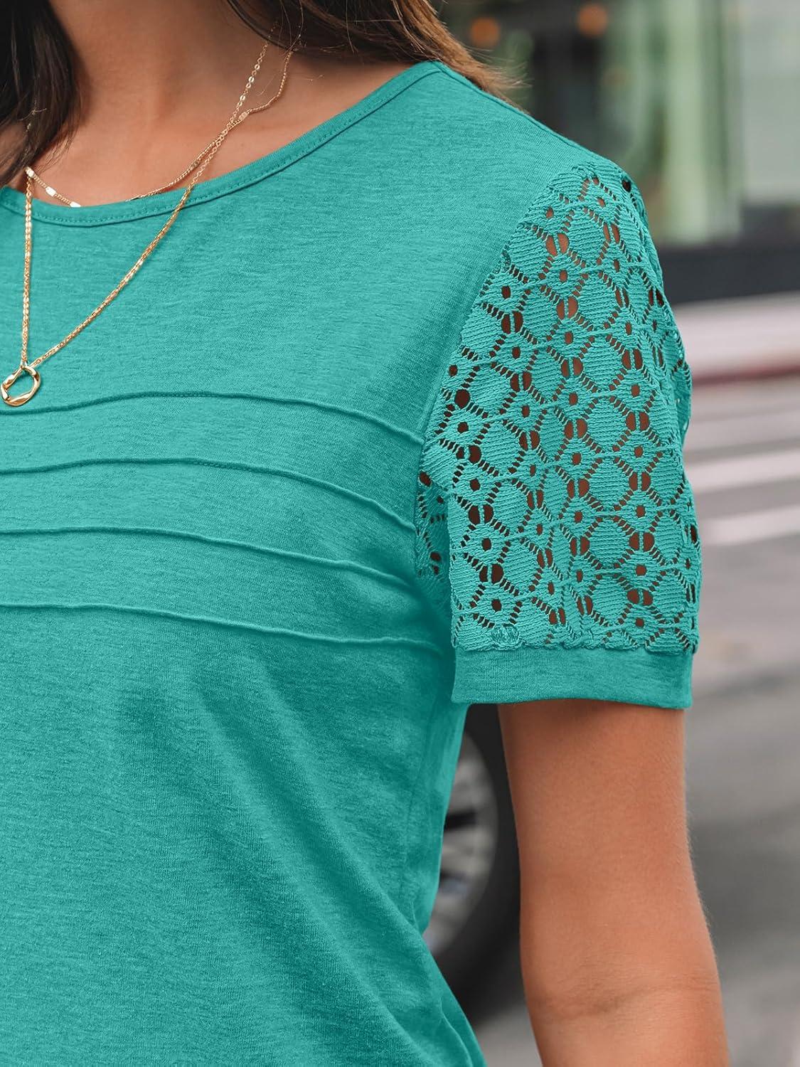imageAUTOMET Womens Short Sleeve Shirts Dressy Lace Summer Tops 2025 Spring Trendy Casual TShirts Cute Work Outfits BlousesTeal