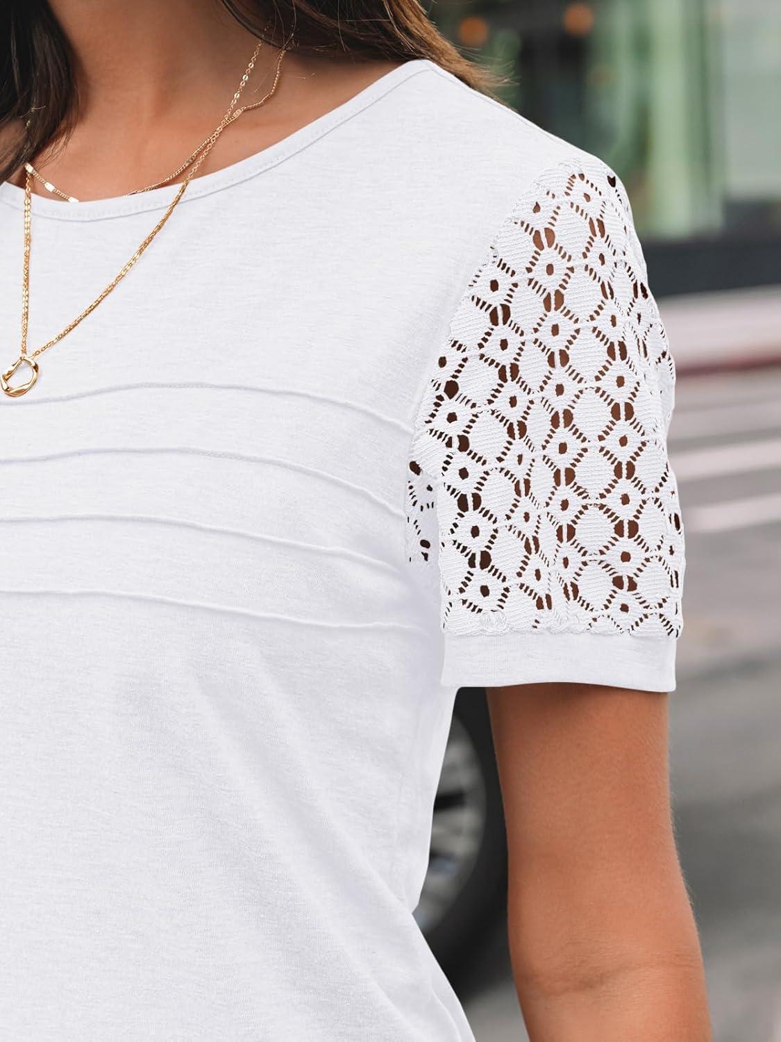 imageAUTOMET Womens Short Sleeve Shirts Dressy Lace Summer Tops 2025 Spring Trendy Casual TShirts Cute Work Outfits BlousesWhite