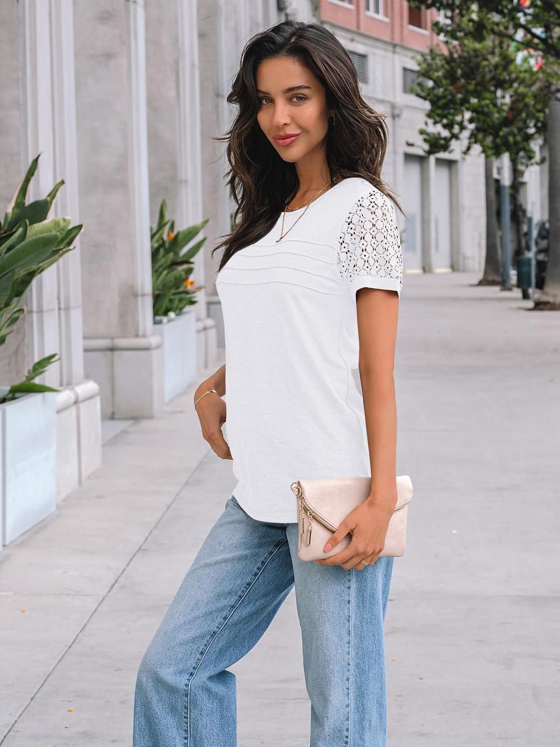 imageAUTOMET Womens Short Sleeve Shirts Dressy Lace Summer Tops 2025 Spring Trendy Casual TShirts Cute Work Outfits BlousesWhite