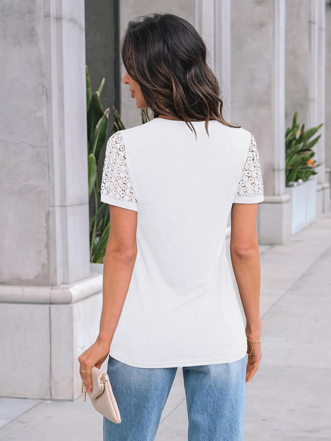 imageAUTOMET Womens Short Sleeve Shirts Dressy Lace Summer Tops 2025 Spring Trendy Casual TShirts Cute Work Outfits BlousesWhite