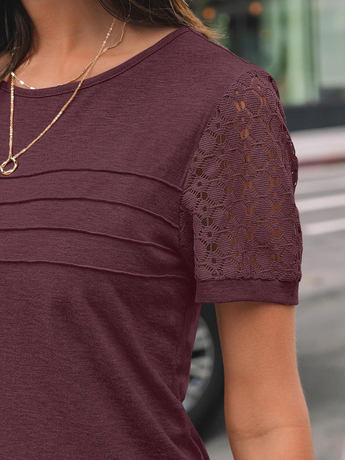 imageAUTOMET Womens Short Sleeve Shirts Dressy Lace Summer Tops 2025 Spring Trendy Casual TShirts Cute Work Outfits BlousesWine Red