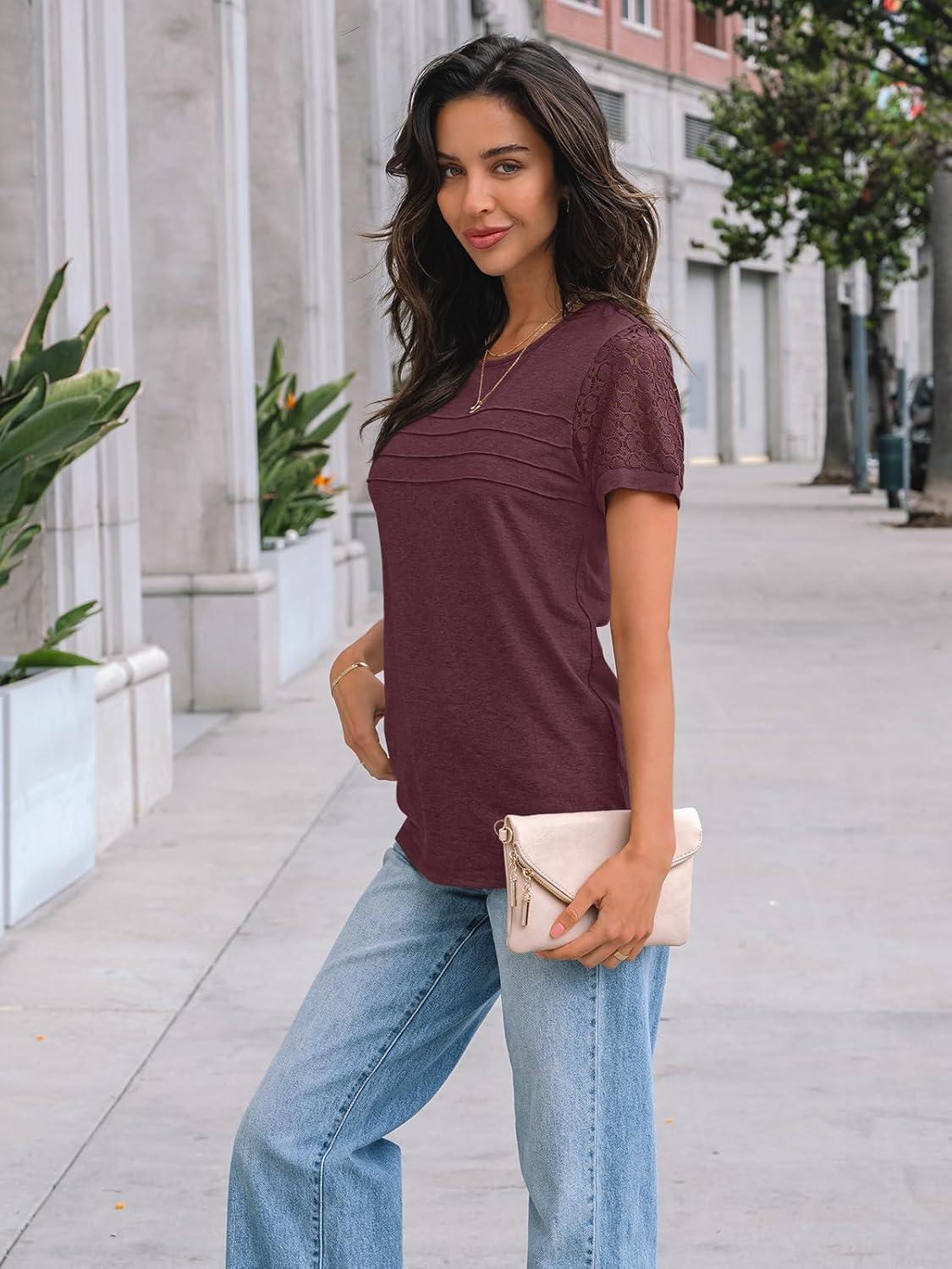 imageAUTOMET Womens Short Sleeve Shirts Dressy Lace Summer Tops 2025 Spring Trendy Casual TShirts Cute Work Outfits BlousesWine Red