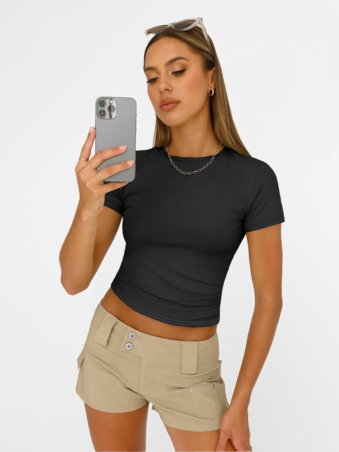 imageAUTOMET Womens Short Sleeve T Shirts Basic Summer 2025 Workout Tops Crew Neck Gym Crop Tops Trendy Y2K ClothesBlack