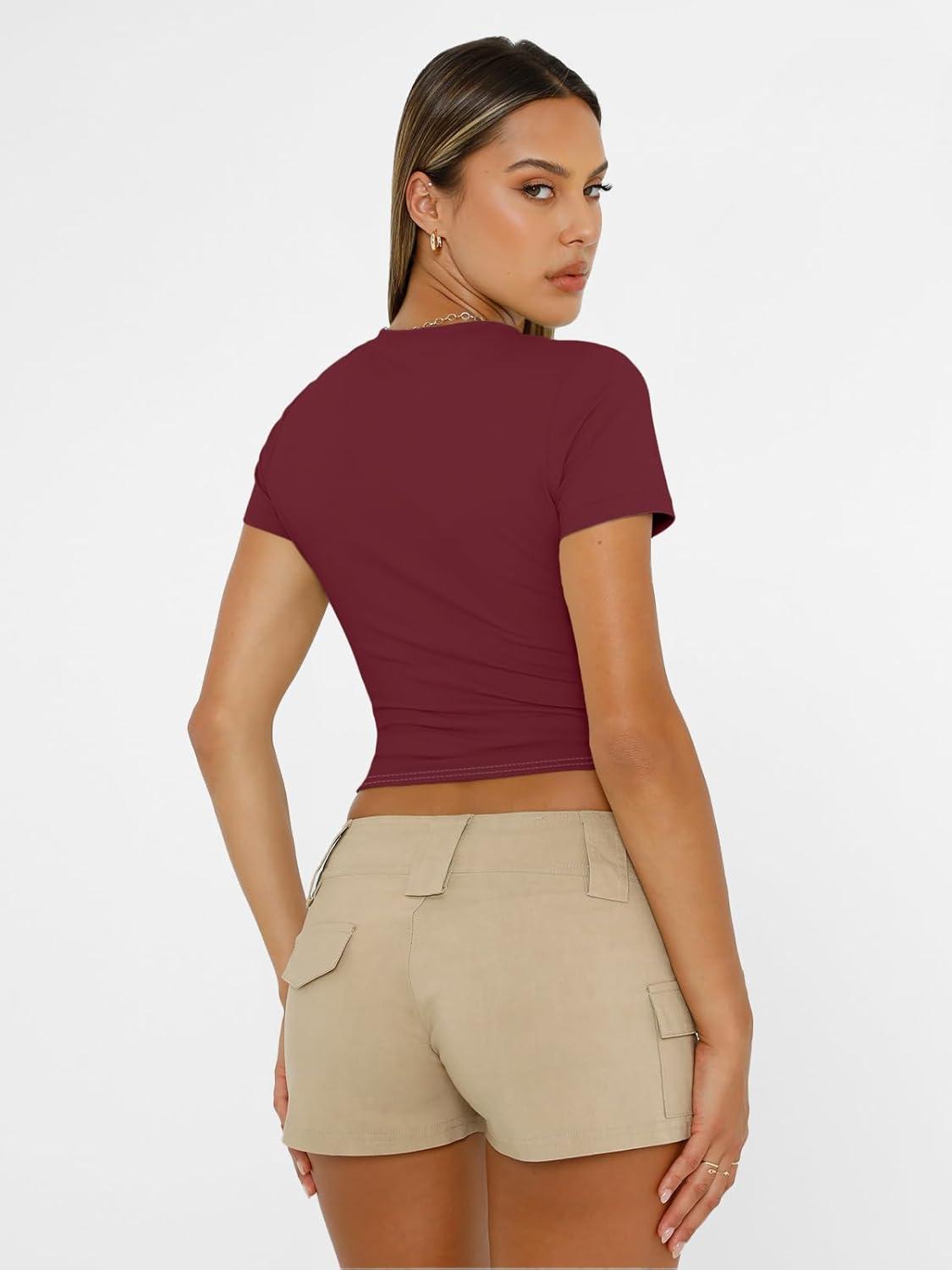 imageAUTOMET Womens Short Sleeve T Shirts Basic Summer 2025 Workout Tops Crew Neck Gym Crop Tops Trendy Y2K ClothesBurgundy