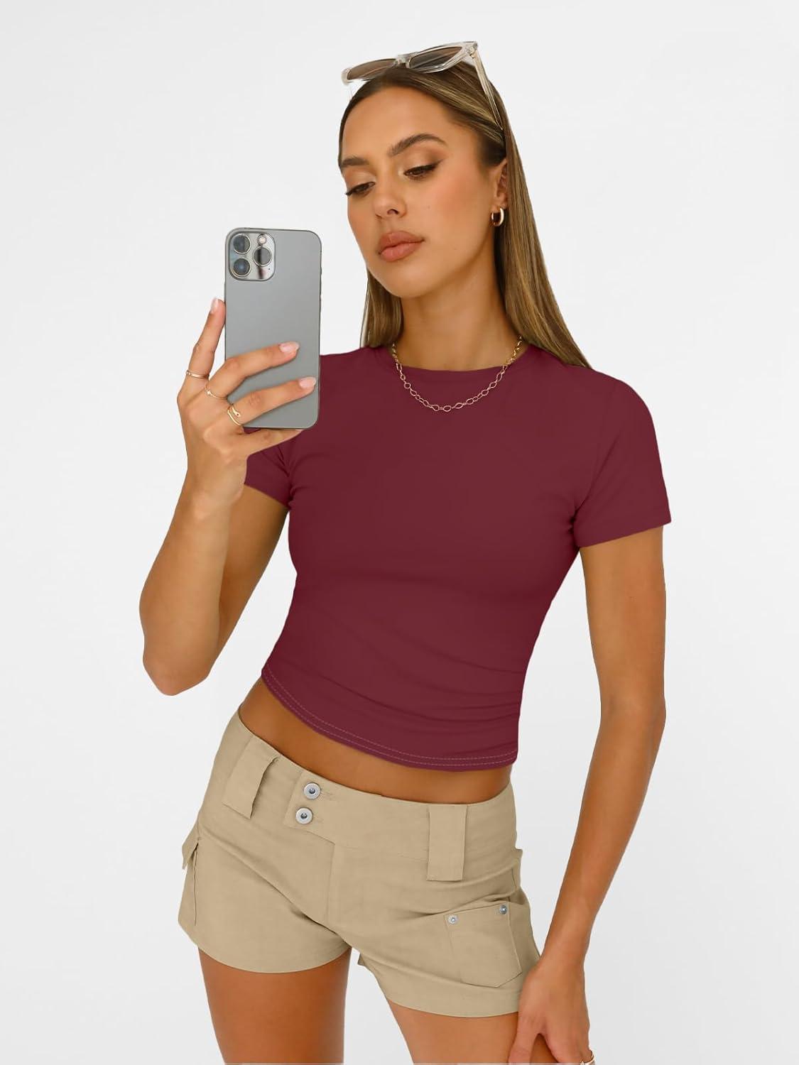 imageAUTOMET Womens Short Sleeve T Shirts Basic Summer 2025 Workout Tops Crew Neck Gym Crop Tops Trendy Y2K ClothesBurgundy