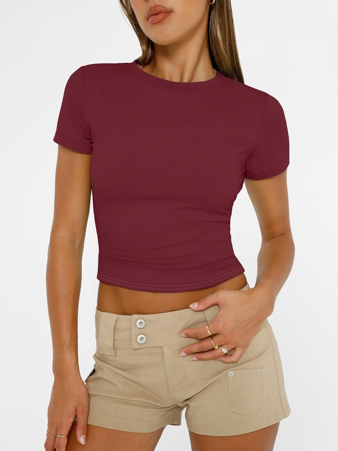 imageAUTOMET Womens Short Sleeve T Shirts Basic Summer 2025 Workout Tops Crew Neck Gym Crop Tops Trendy Y2K ClothesBurgundy