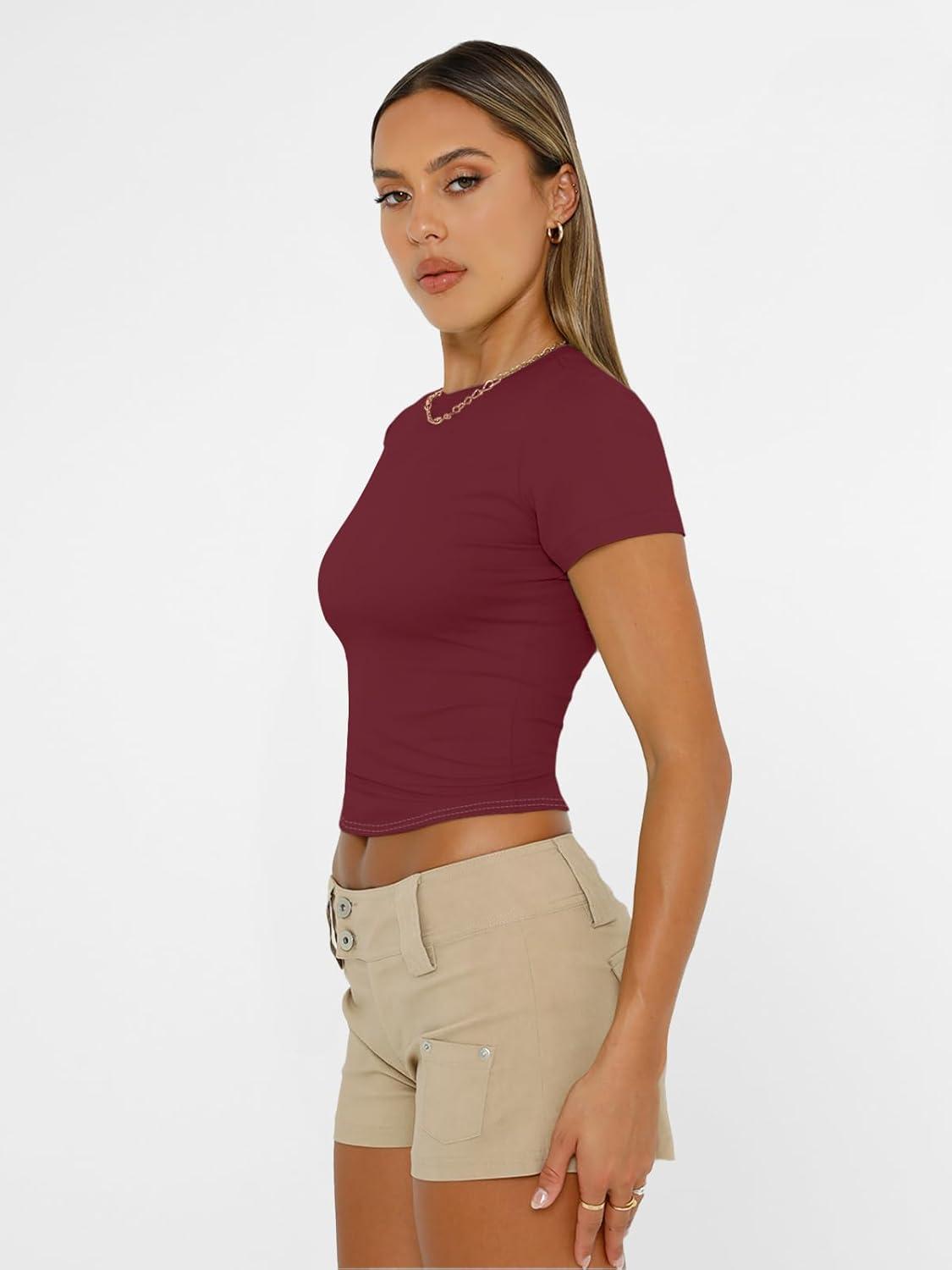 imageAUTOMET Womens Short Sleeve T Shirts Basic Summer 2025 Workout Tops Crew Neck Gym Crop Tops Trendy Y2K ClothesBurgundy