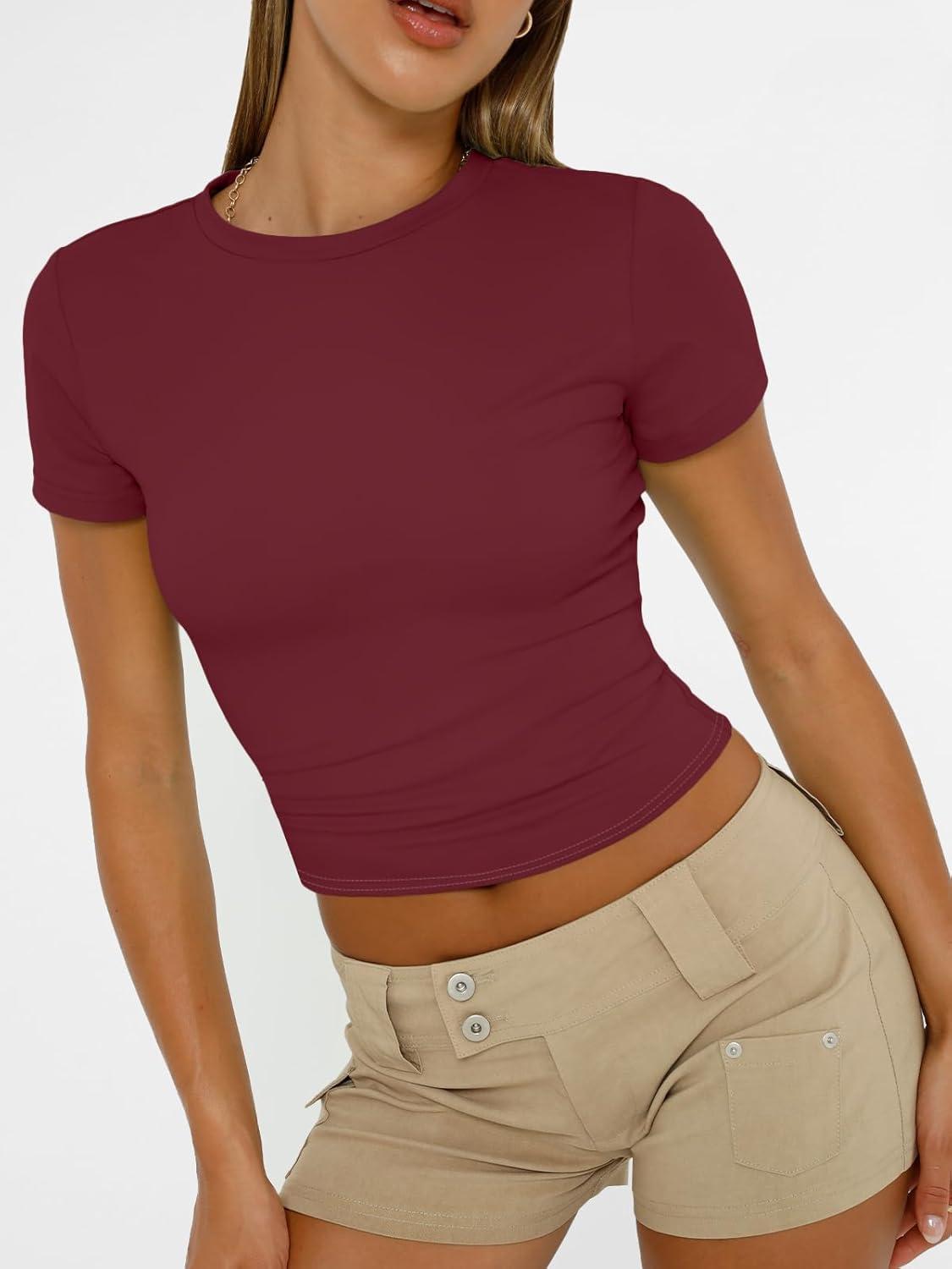 imageAUTOMET Womens Short Sleeve T Shirts Basic Summer 2025 Workout Tops Crew Neck Gym Crop Tops Trendy Y2K ClothesBurgundy