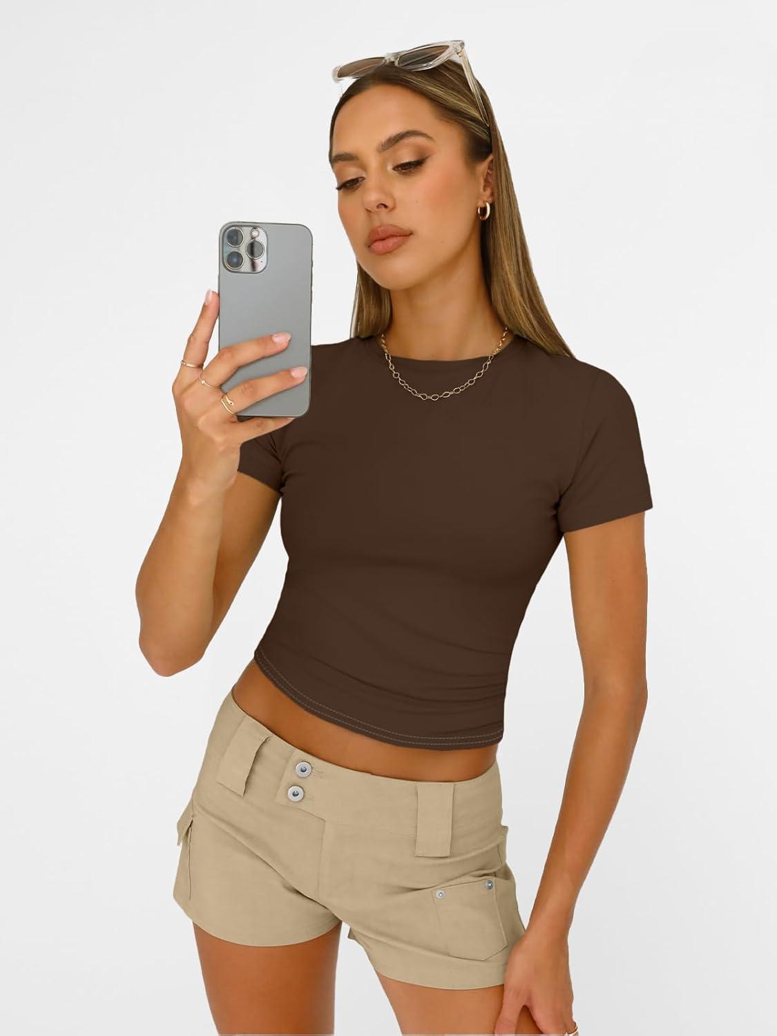 imageAUTOMET Womens Short Sleeve T Shirts Basic Summer 2025 Workout Tops Crew Neck Gym Crop Tops Trendy Y2K ClothesChocolate