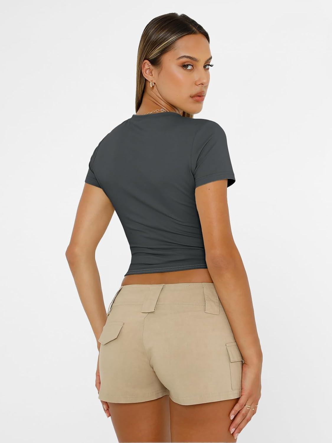 imageAUTOMET Womens Short Sleeve T Shirts Basic Summer 2025 Workout Tops Crew Neck Gym Crop Tops Trendy Y2K ClothesGray