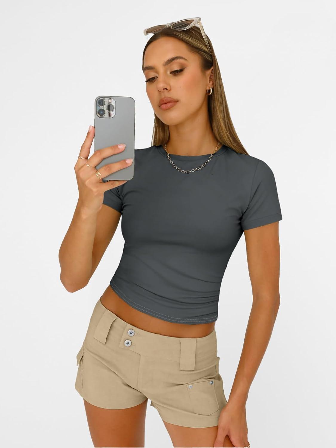 imageAUTOMET Womens Short Sleeve T Shirts Basic Summer 2025 Workout Tops Crew Neck Gym Crop Tops Trendy Y2K ClothesGray