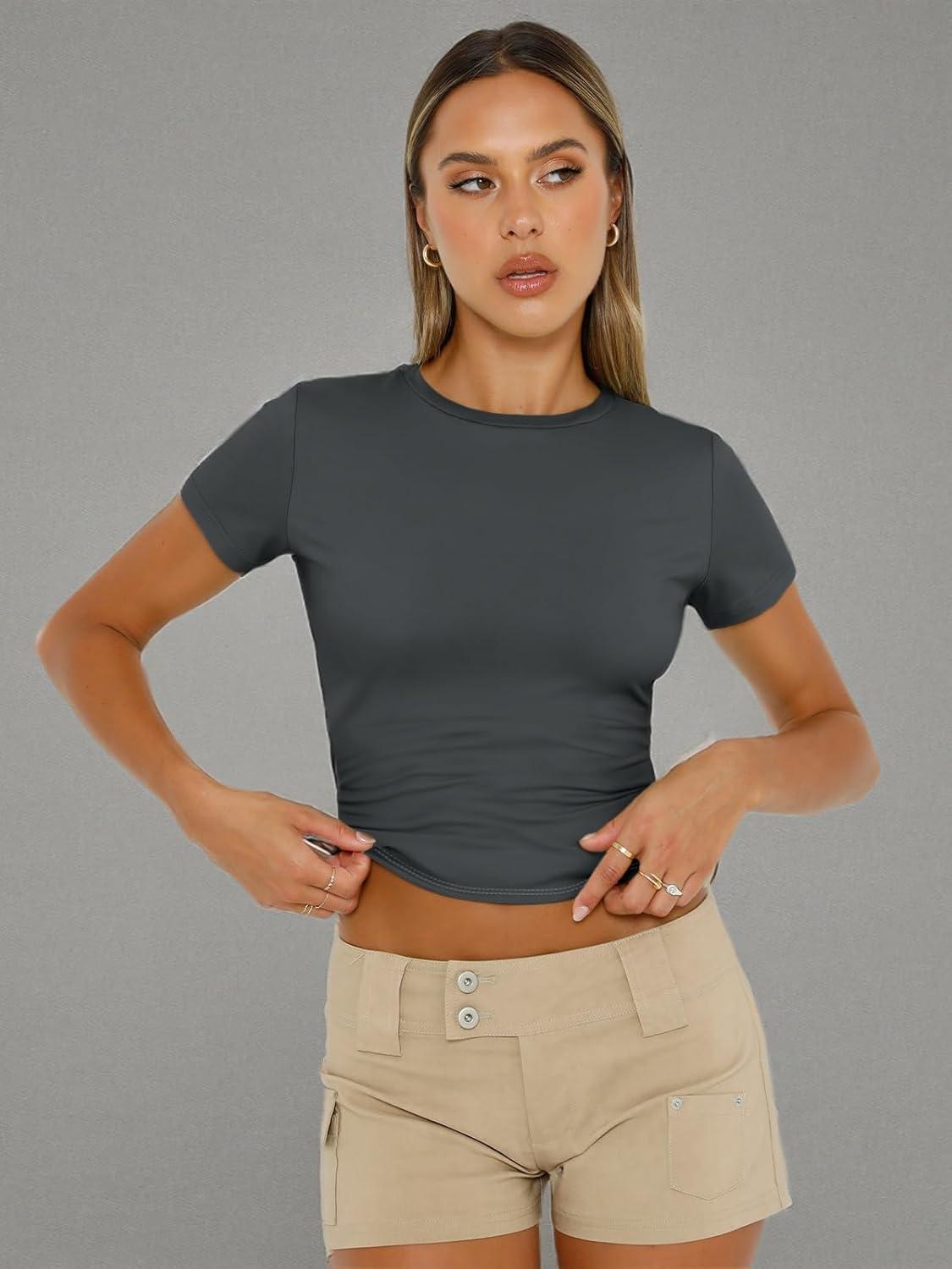 imageAUTOMET Womens Short Sleeve T Shirts Basic Summer 2025 Workout Tops Crew Neck Gym Crop Tops Trendy Y2K ClothesGray