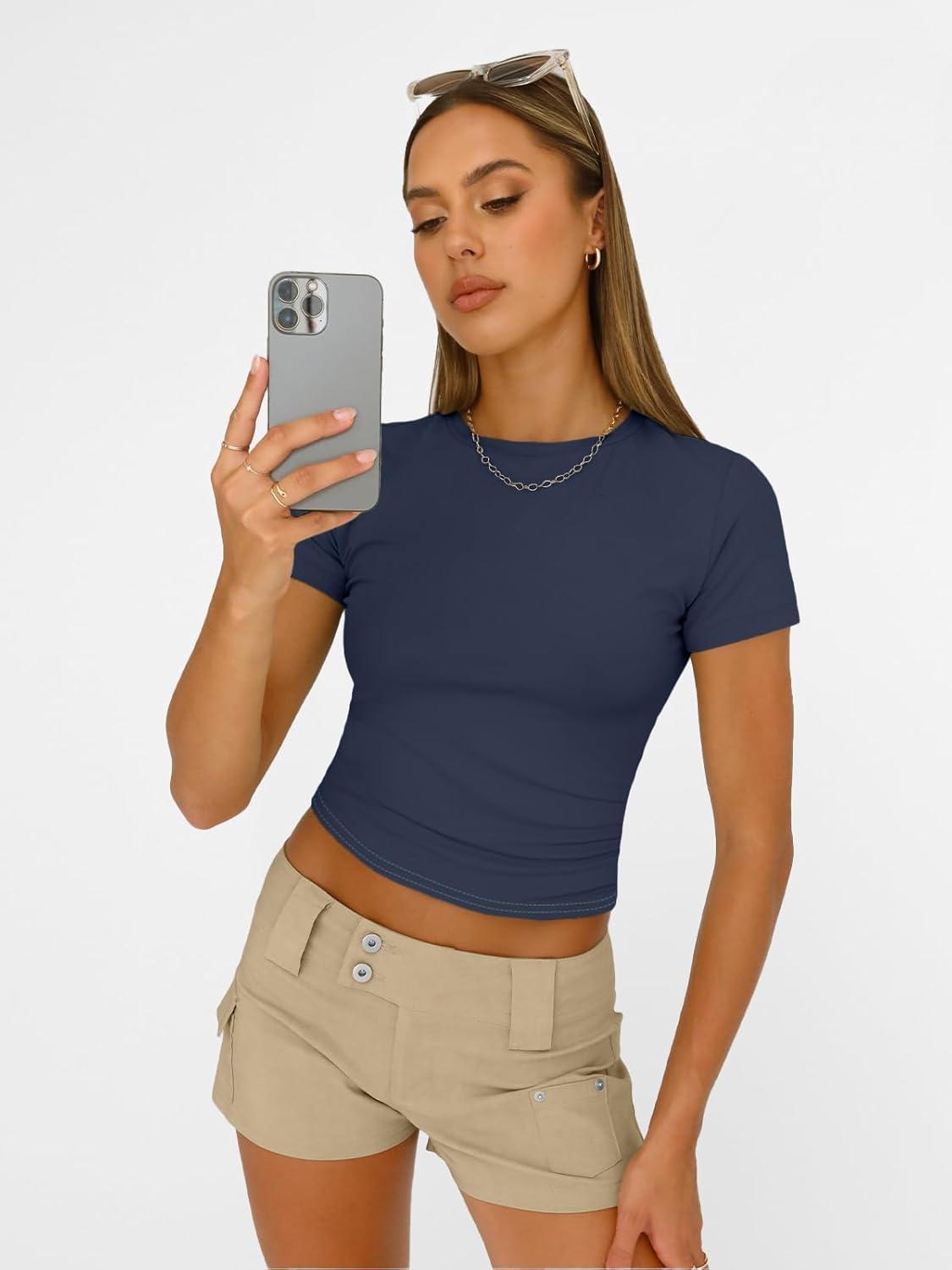imageAUTOMET Womens Short Sleeve T Shirts Basic Summer 2025 Workout Tops Crew Neck Gym Crop Tops Trendy Y2K ClothesNavy