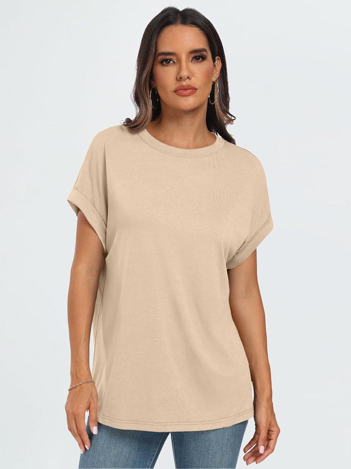 imageAUTOMET Womens Summer Tops Oversized Short Sleeve Business Casual T Shirts Trendy Fashion Clothes Spring Outfits 2025Apricot