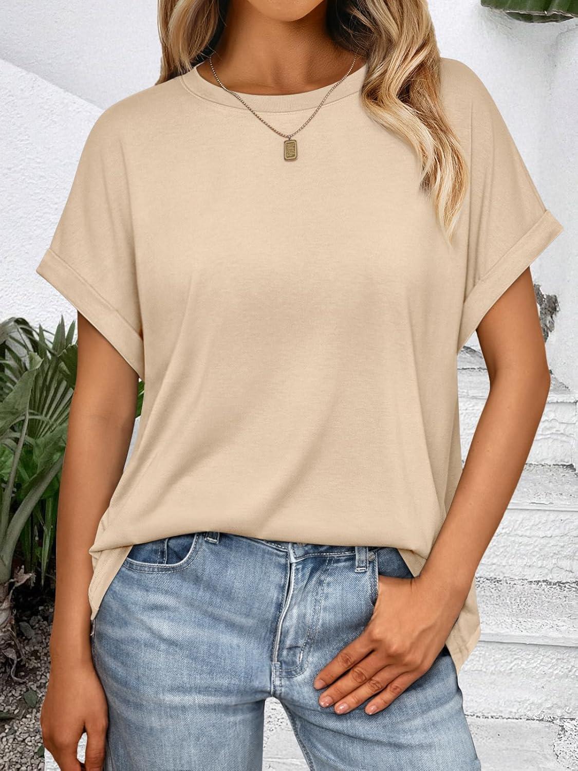 imageAUTOMET Womens Summer Tops Oversized Short Sleeve Business Casual T Shirts Trendy Fashion Clothes Spring Outfits 2025Apricot