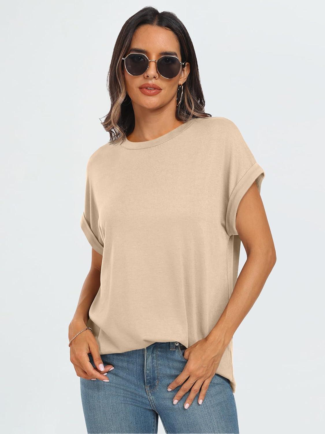 imageAUTOMET Womens Summer Tops Oversized Short Sleeve Business Casual T Shirts Trendy Fashion Clothes Spring Outfits 2025Apricot