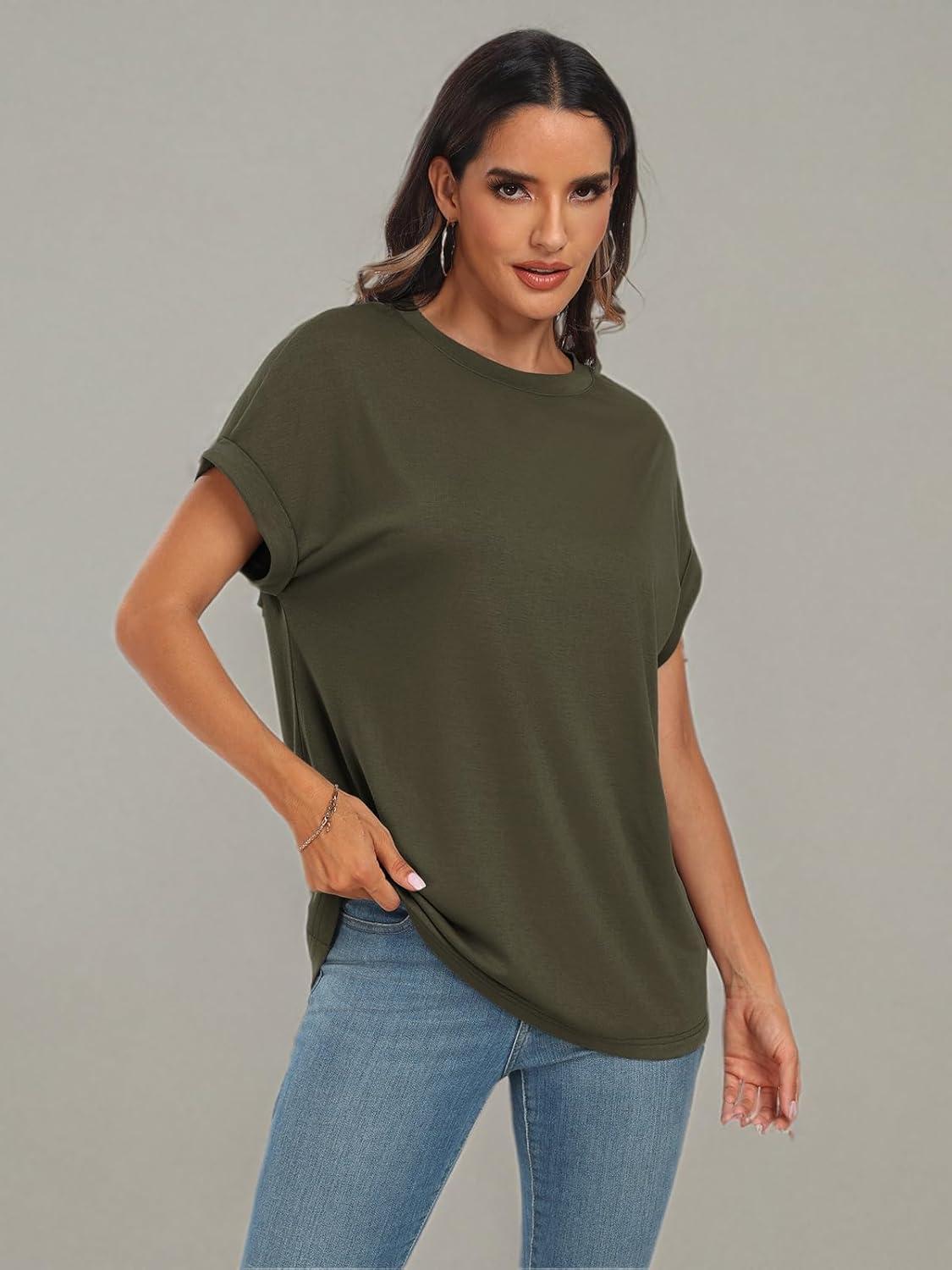 imageAUTOMET Womens Summer Tops Oversized Short Sleeve Business Casual T Shirts Trendy Fashion Clothes Spring Outfits 2025Army Green