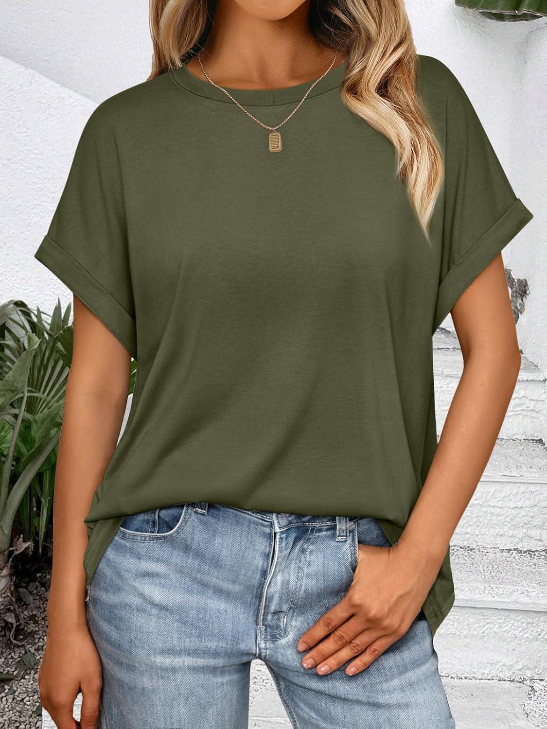 imageAUTOMET Womens Summer Tops Oversized Short Sleeve Business Casual T Shirts Trendy Fashion Clothes Spring Outfits 2025Army Green