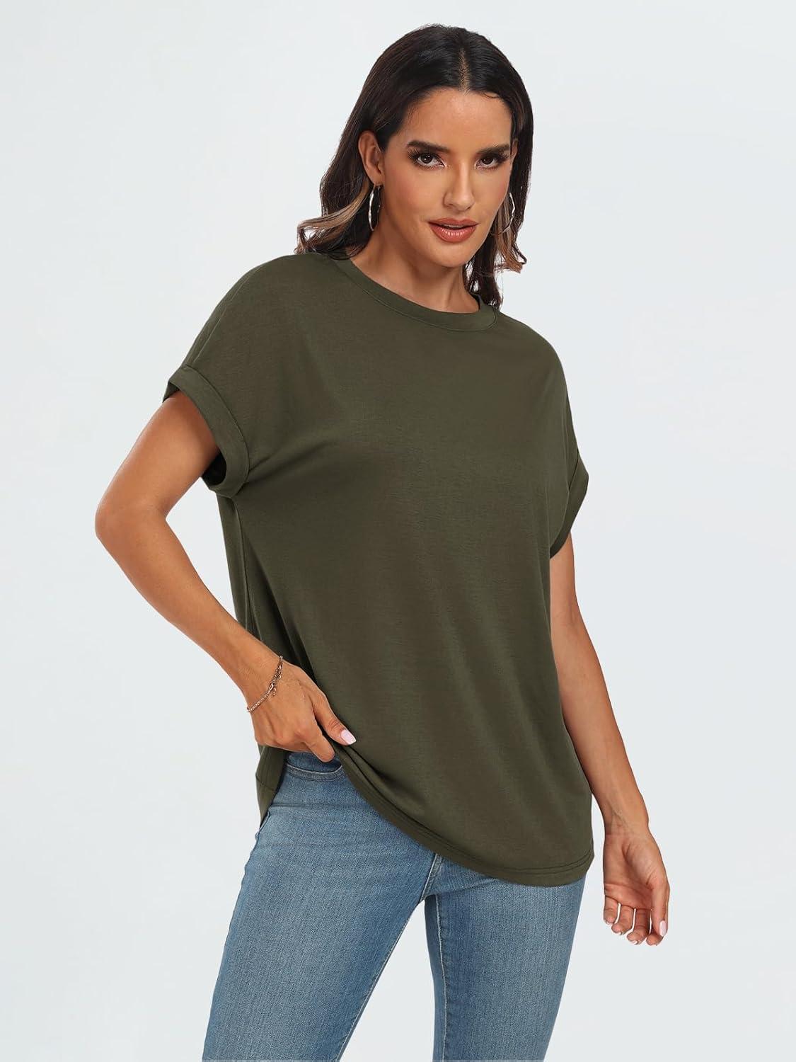 imageAUTOMET Womens Summer Tops Oversized Short Sleeve Business Casual T Shirts Trendy Fashion Clothes Spring Outfits 2025Army Green