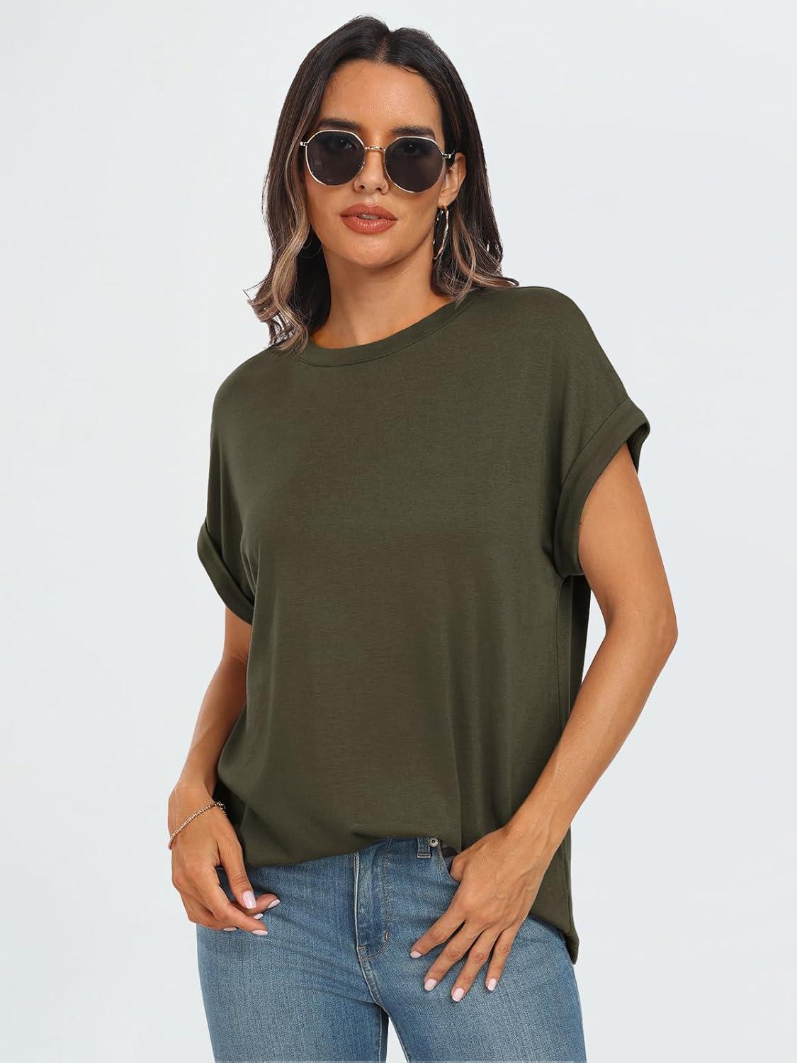 imageAUTOMET Womens Summer Tops Oversized Short Sleeve Business Casual T Shirts Trendy Fashion Clothes Spring Outfits 2025Army Green