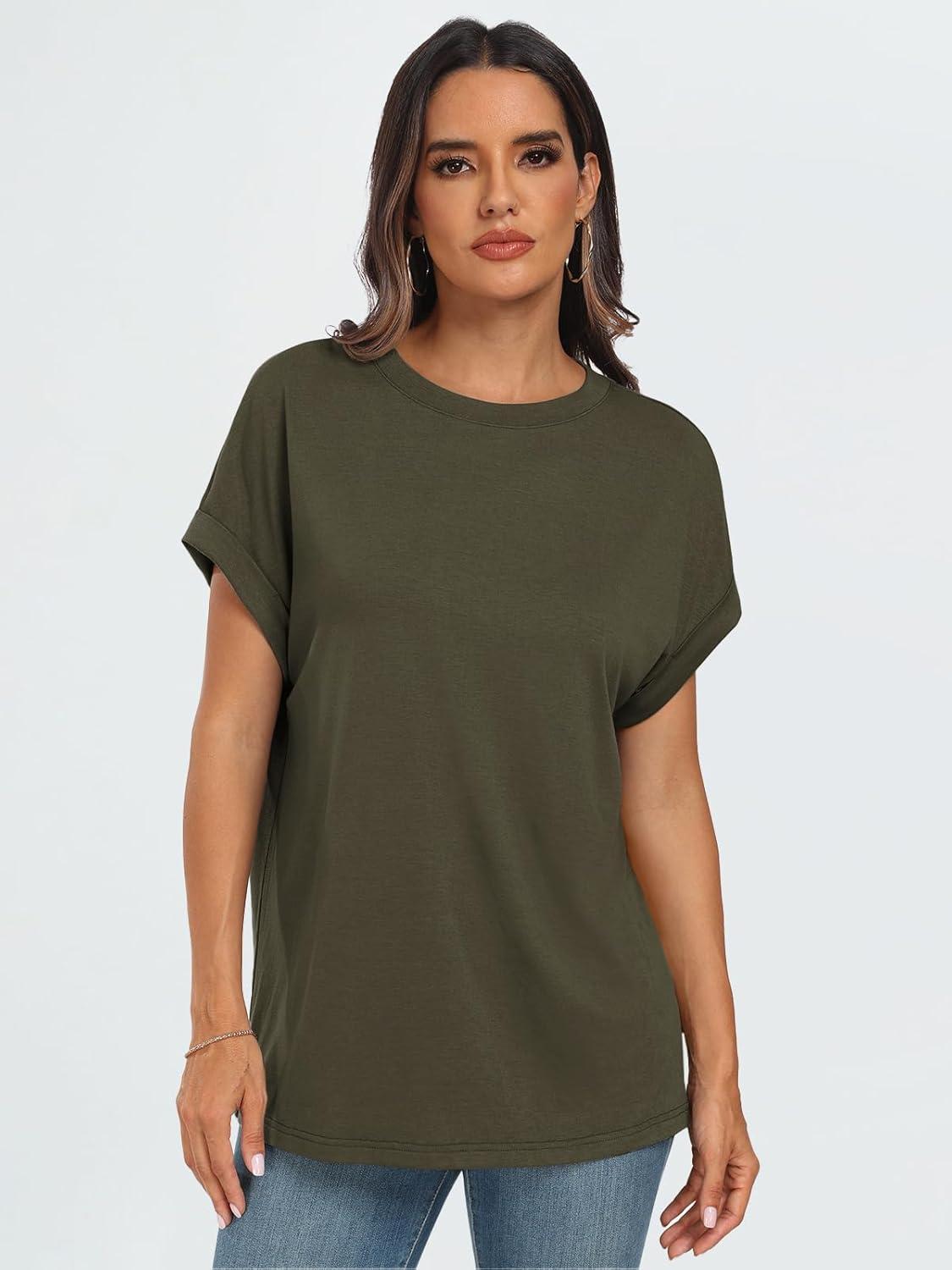 imageAUTOMET Womens Summer Tops Oversized Short Sleeve Business Casual T Shirts Trendy Fashion Clothes Spring Outfits 2025Army Green