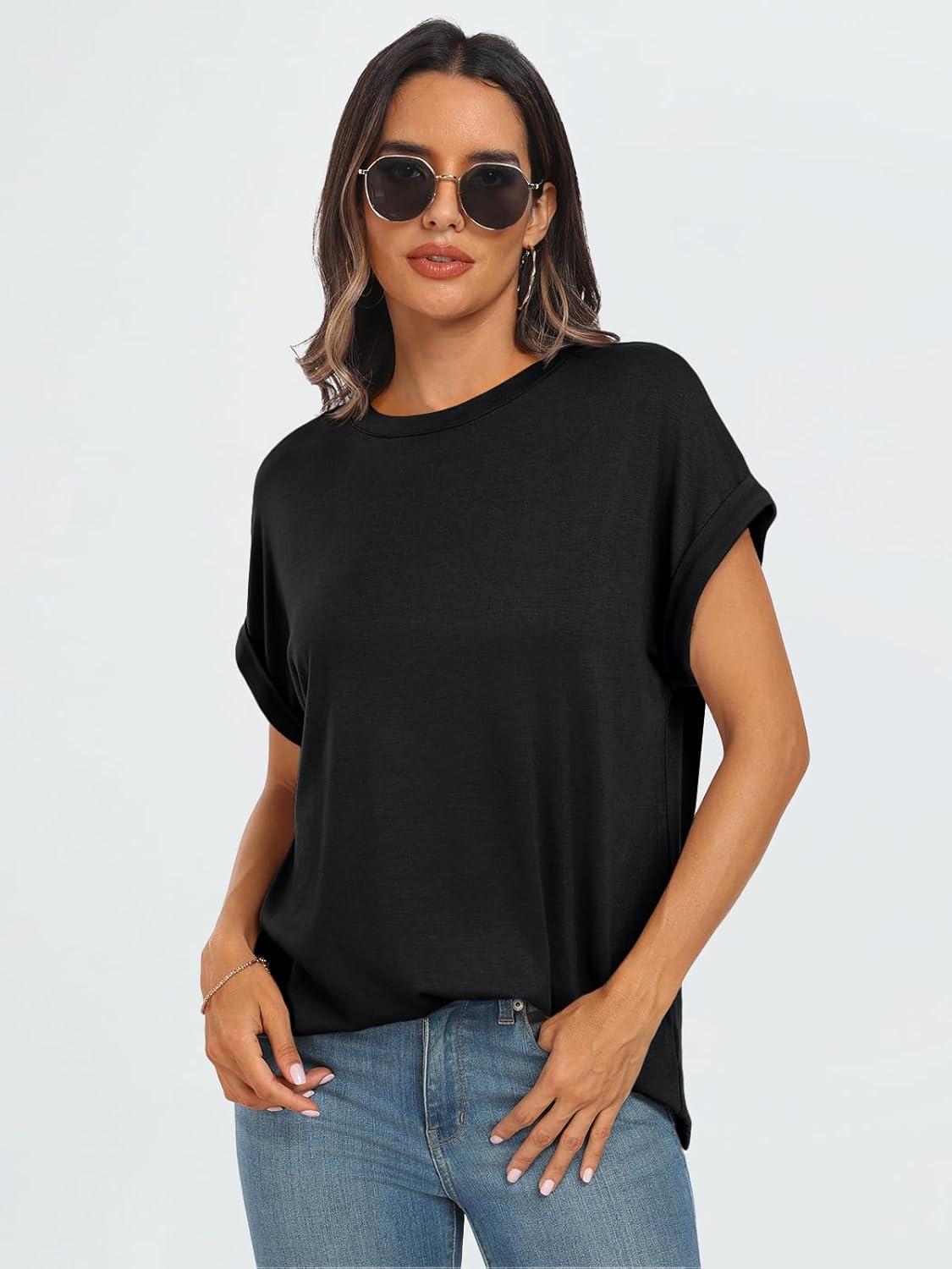 imageAUTOMET Womens Summer Tops Oversized Short Sleeve Business Casual T Shirts Trendy Fashion Clothes Spring Outfits 2025Black