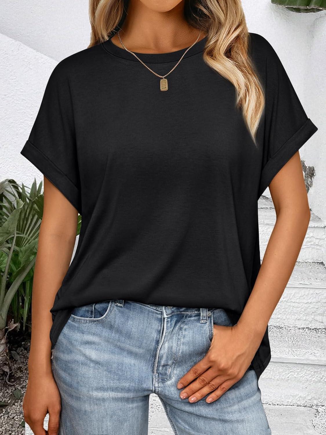 imageAUTOMET Womens Summer Tops Oversized Short Sleeve Business Casual T Shirts Trendy Fashion Clothes Spring Outfits 2025Black